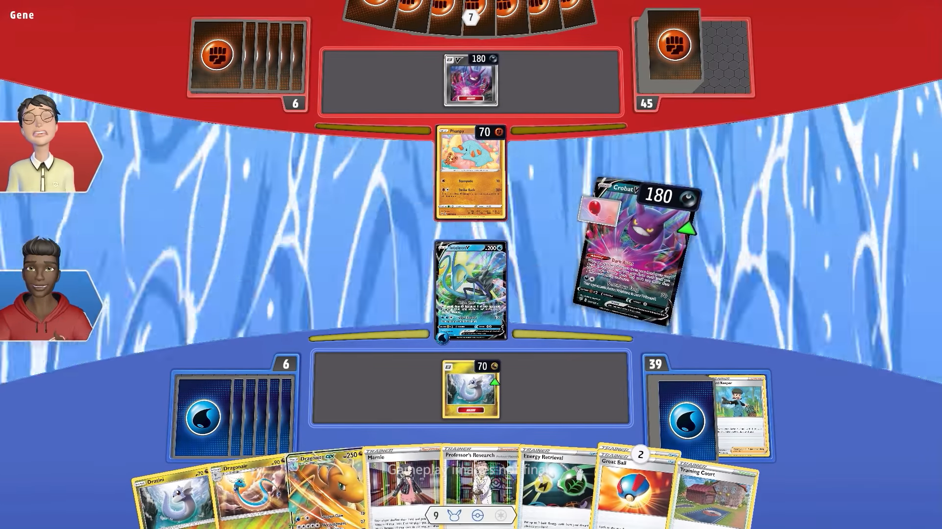 an image of a digital card game. there is a fun water background and we see a hand full of cards. there is a crobat, a bat pokemon, being played. 