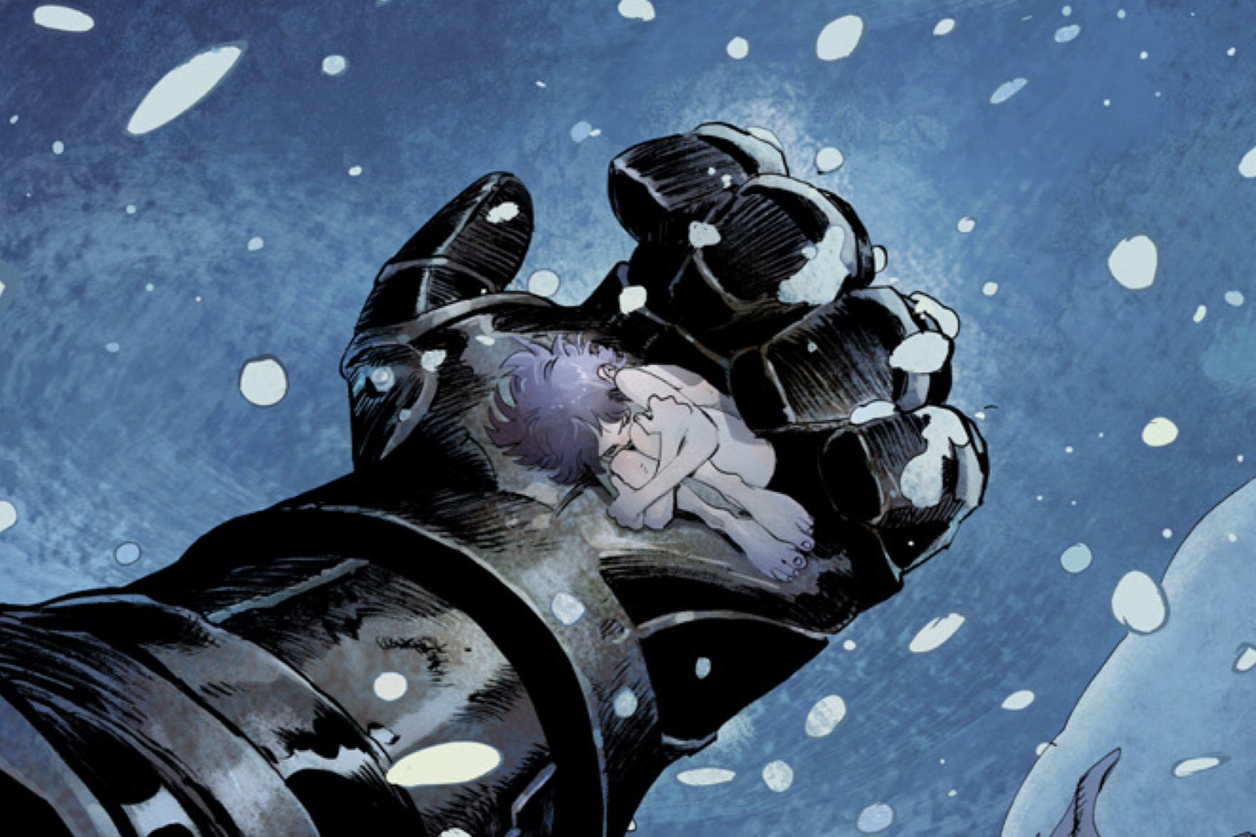 A huge metal hand holds a small naked child in a snowy environment in Step by Bloody Step #1 (2022).
