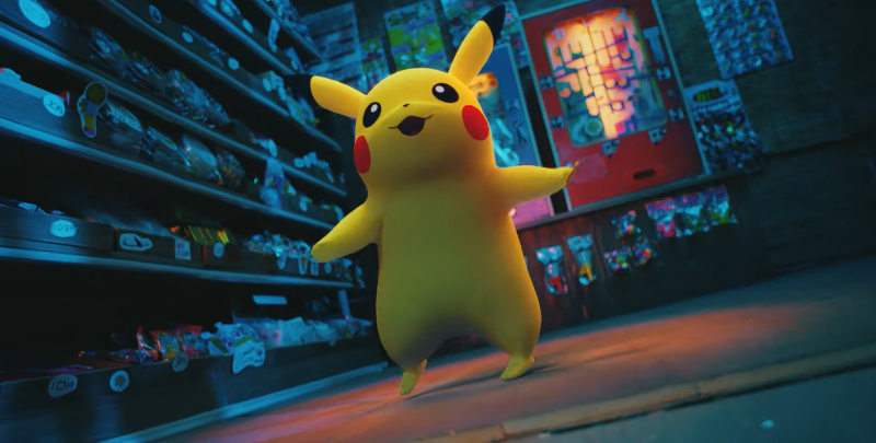 pikachu smiles and dances in a candy shop