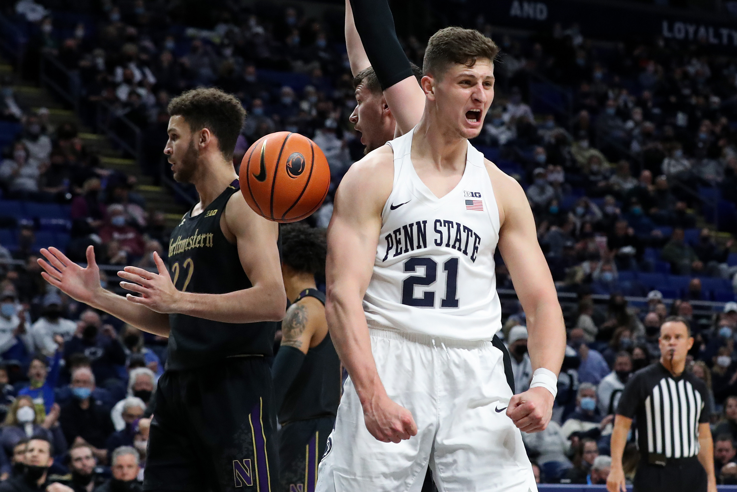 Penn State Nittany Lions forward John Harrar (21) reacts after being fouled during the first half against the Northwestern Wildcats at Bryce Jordan Center.