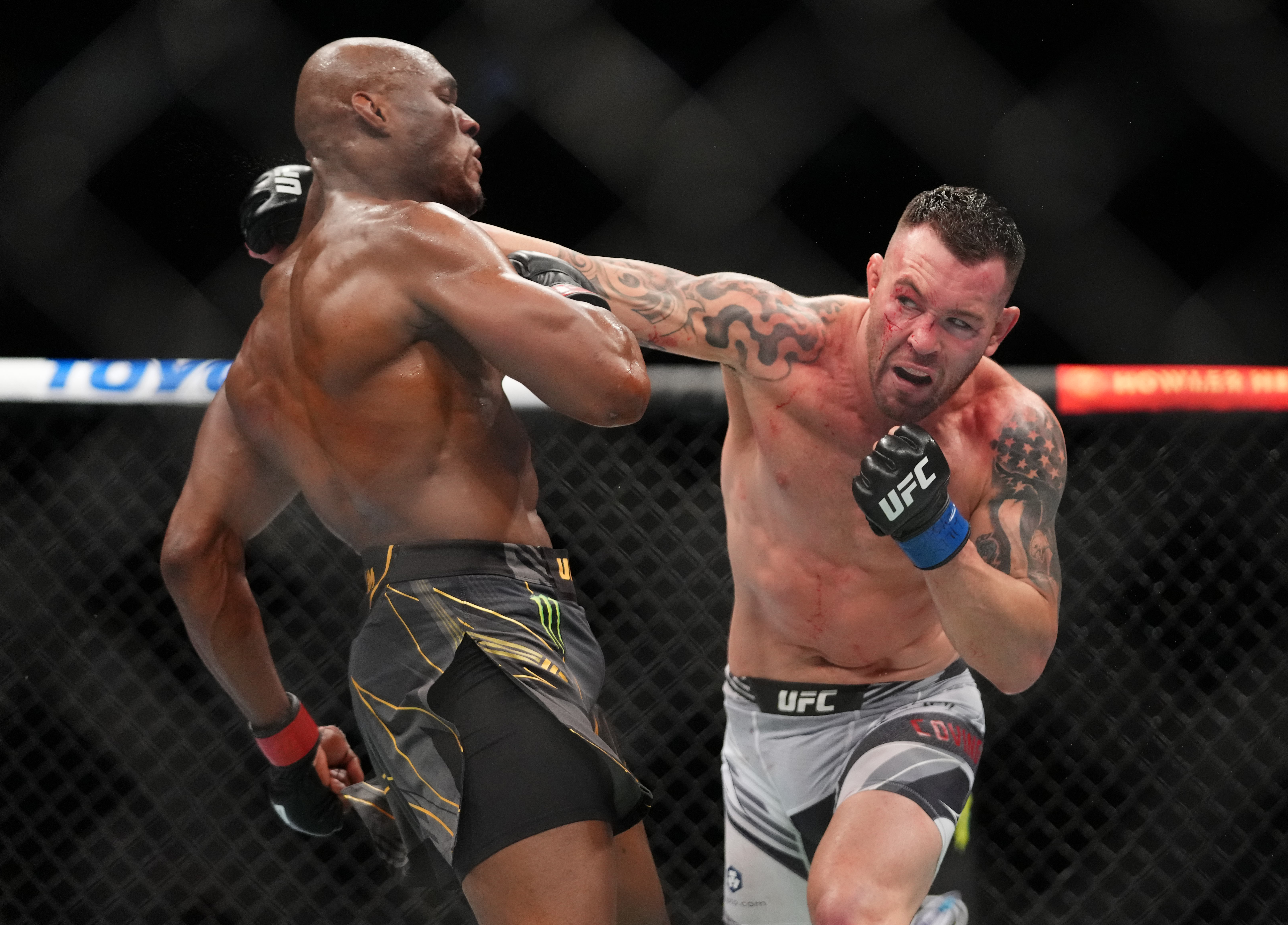 Colby Covington punches Kamaru Usman of Nigeria in their UFC welterweight championship fight during the UFC 268 event at Madison Square Garden on November 06, 2021 in New York City.