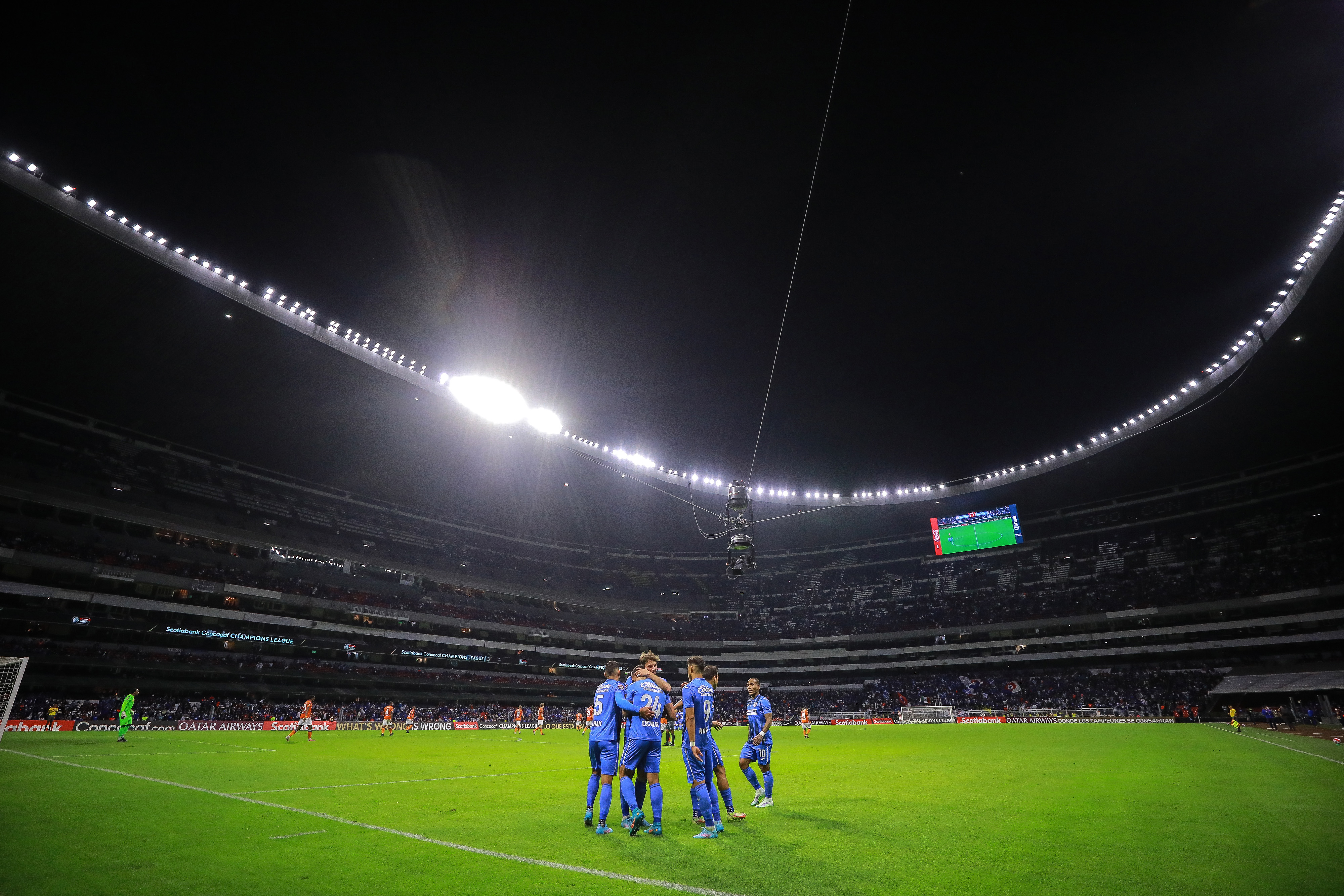 Juan Escobar of Cruz Azul celebrates after scoring the third scored goal of his team with teammates during the round of 16 2nd leg match between Cruz Azul and Forge FC as part of the Concacaf Champions League 2022 at Azteca Stadium on February 24, 2022 in Mexico City, Mexico.
