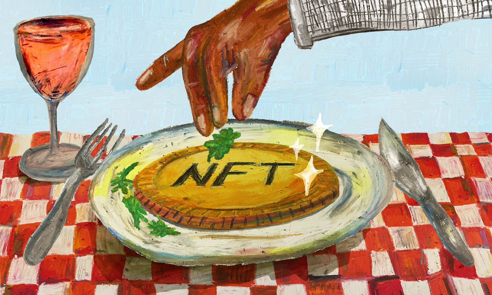 Illustration of a chef adding a sprig of parsley on top of a large coin that reads “NFT.”