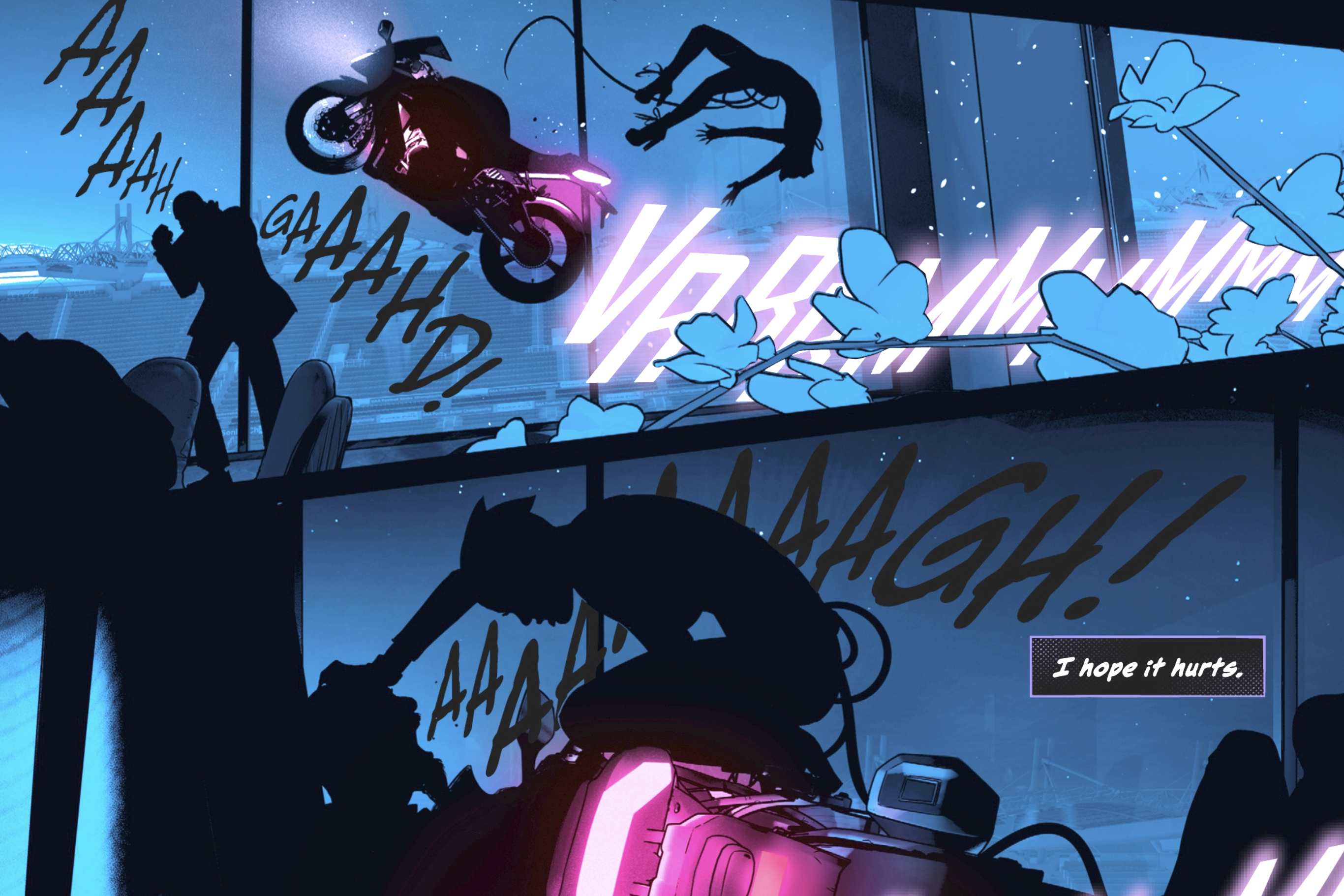 Catwoman flips backwards off of a speeding motorcycle, sending it careening towards a screaming man, before pouncing on the cycle, pinning the man beneath it in Catwoman #40 (2022).
