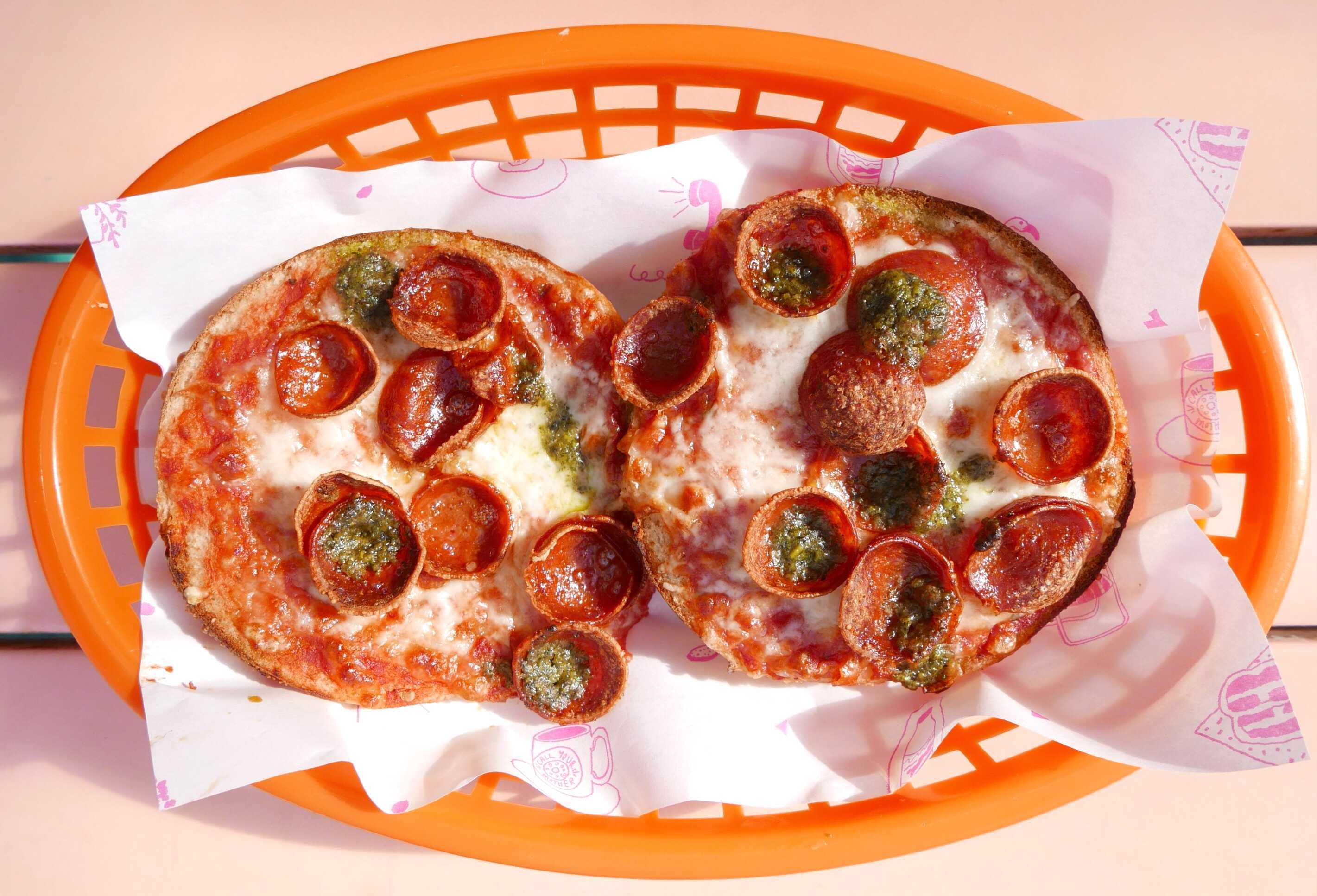 A pizza bagel in a basket by Call Your Mother