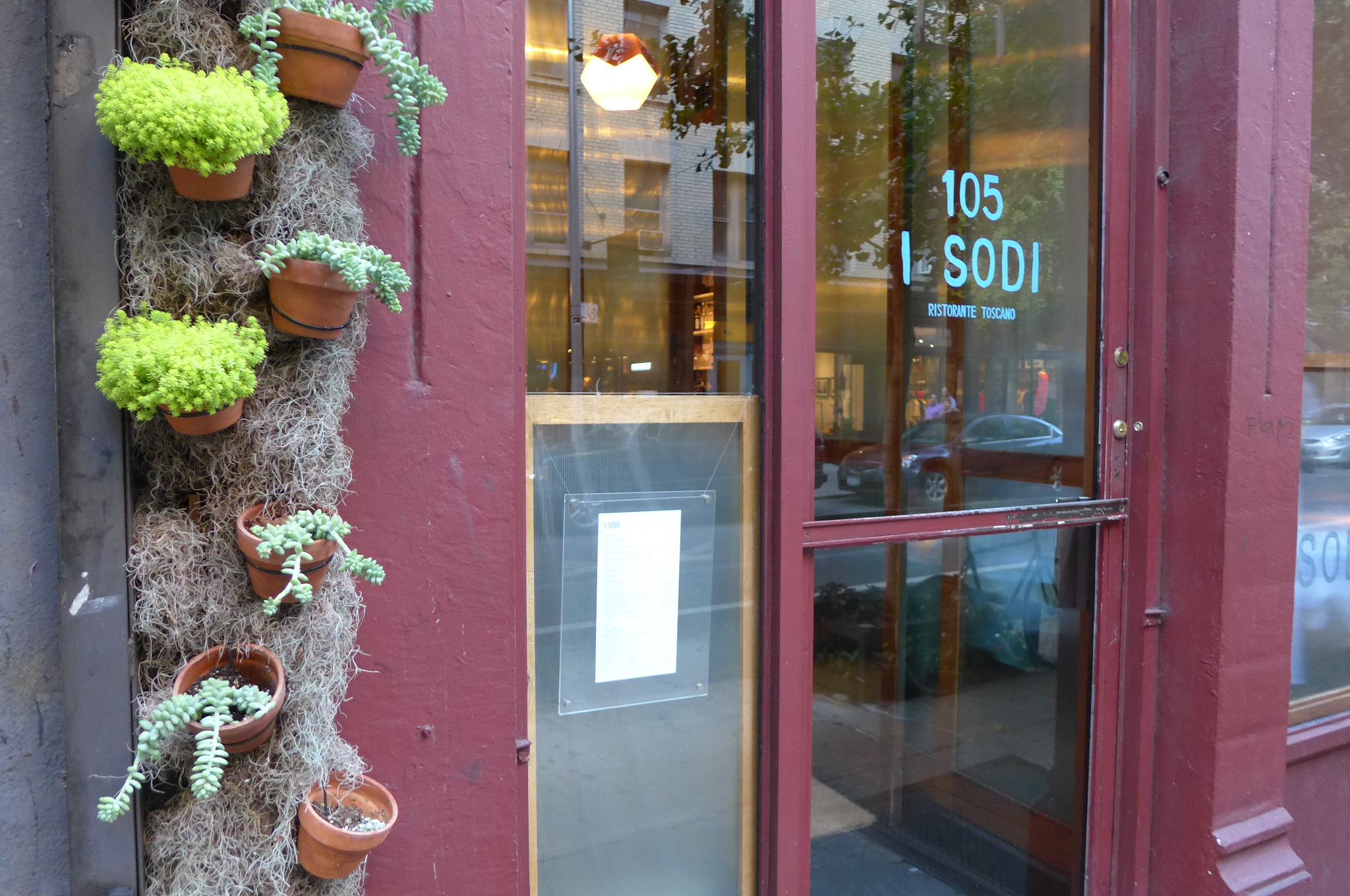 A very plain facade with a glass door and hanging column of potted succulent plants.