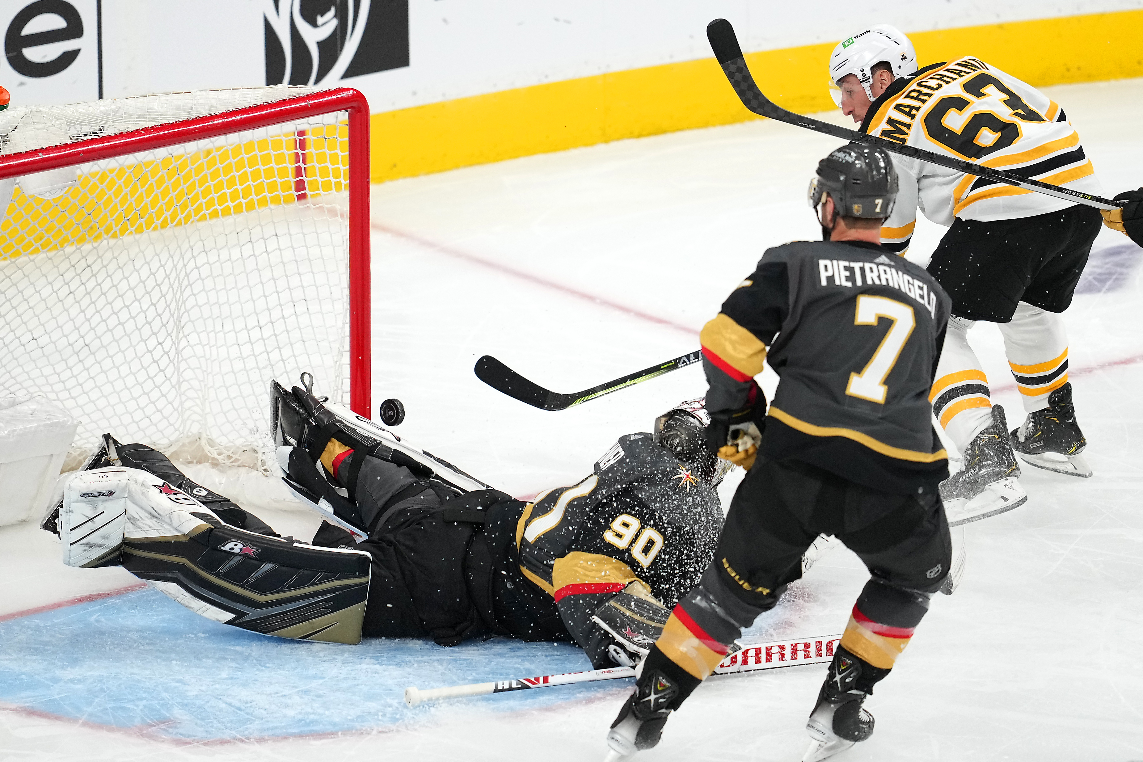 Mar 3, 2022; Las Vegas, Nevada, USA; Vegas Golden Knights goaltender Robin Lehner (90) makes a pad save against Boston Bruins left wing Brad Marchand (63) during the third period at T-Mobile Arena.