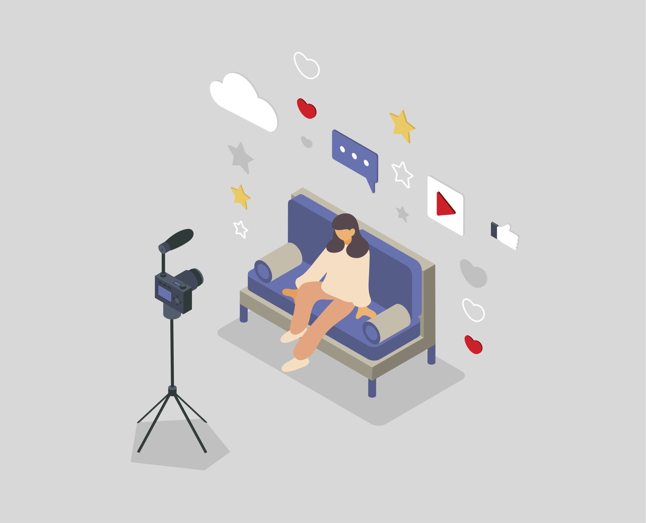 A stock image illustration of a girl sitting on a couch, filming herself.