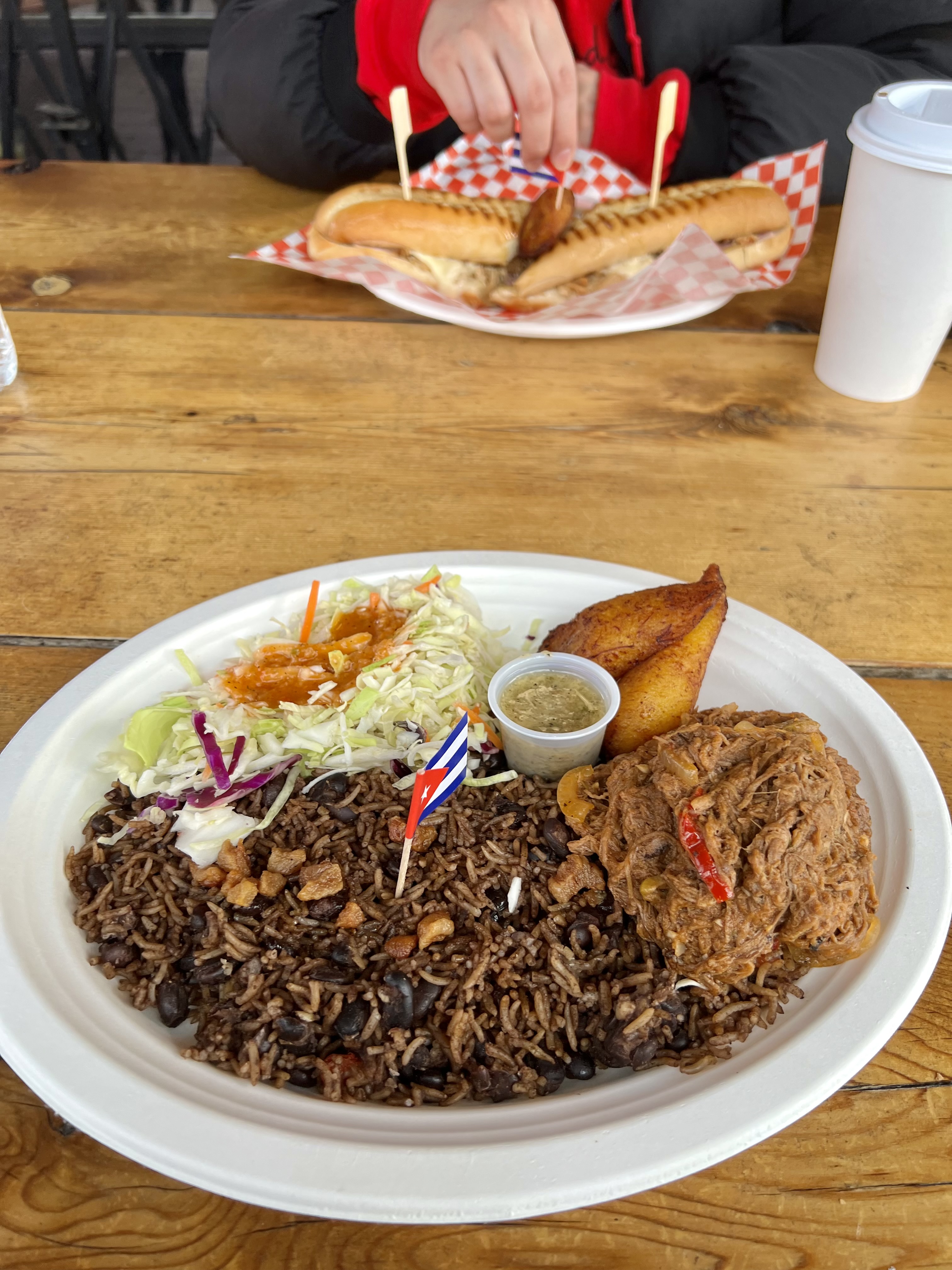 A plate of Ropa Vieja from Havana Station in Portland, with rice and a salad.