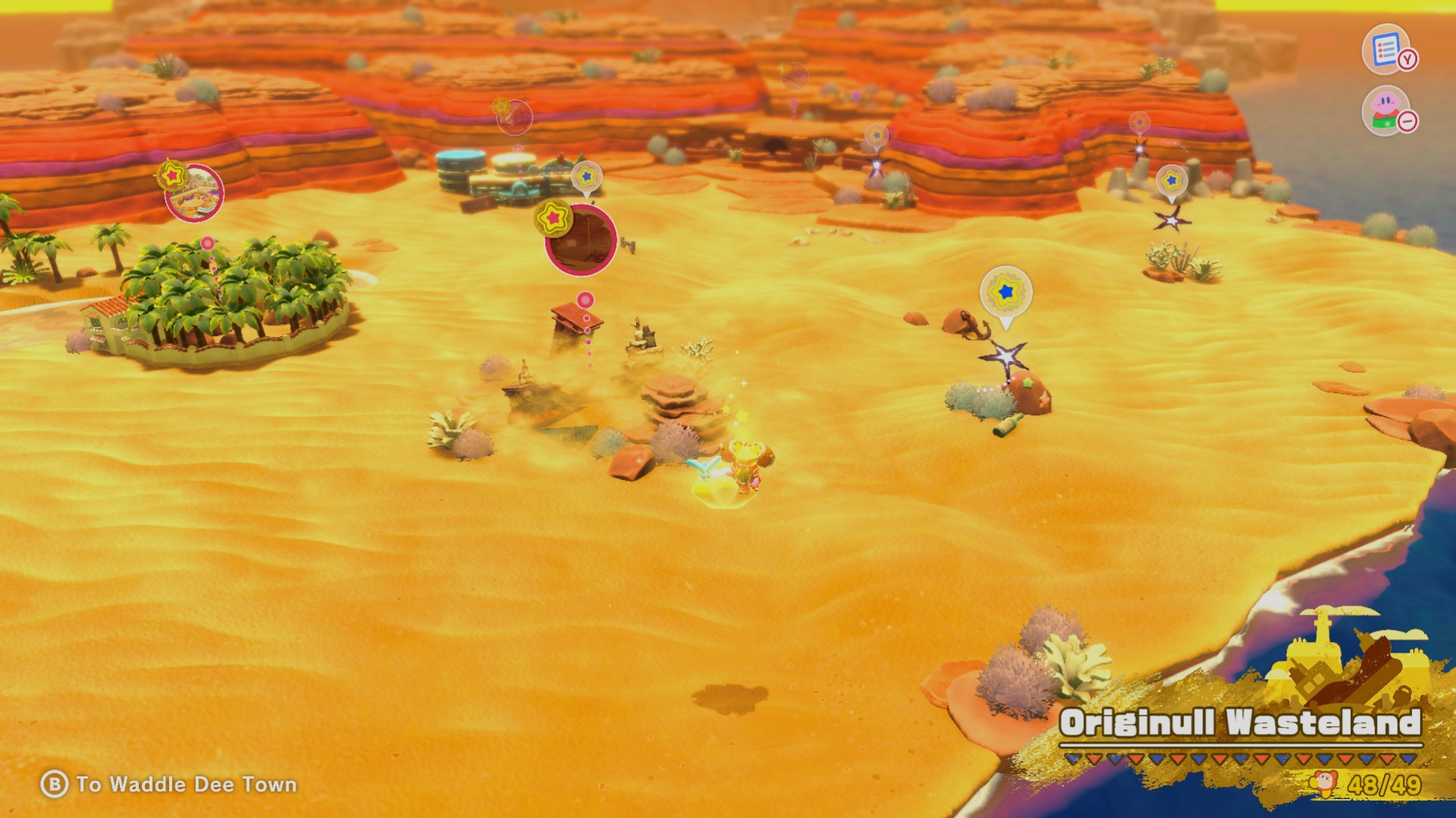 Kirby floats in his warp star over the Originull Wasteland