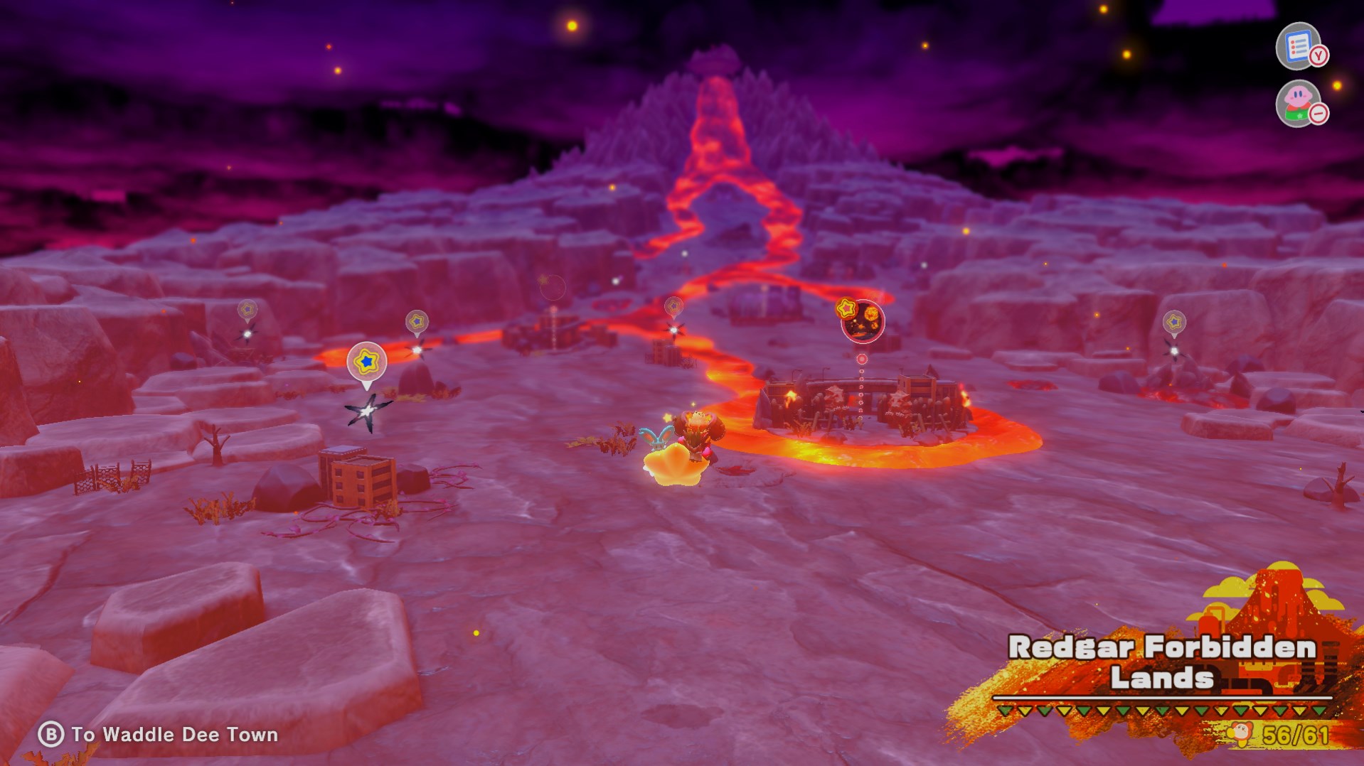 Kirby flies on a warp star above the Redgar Forbidden Lands