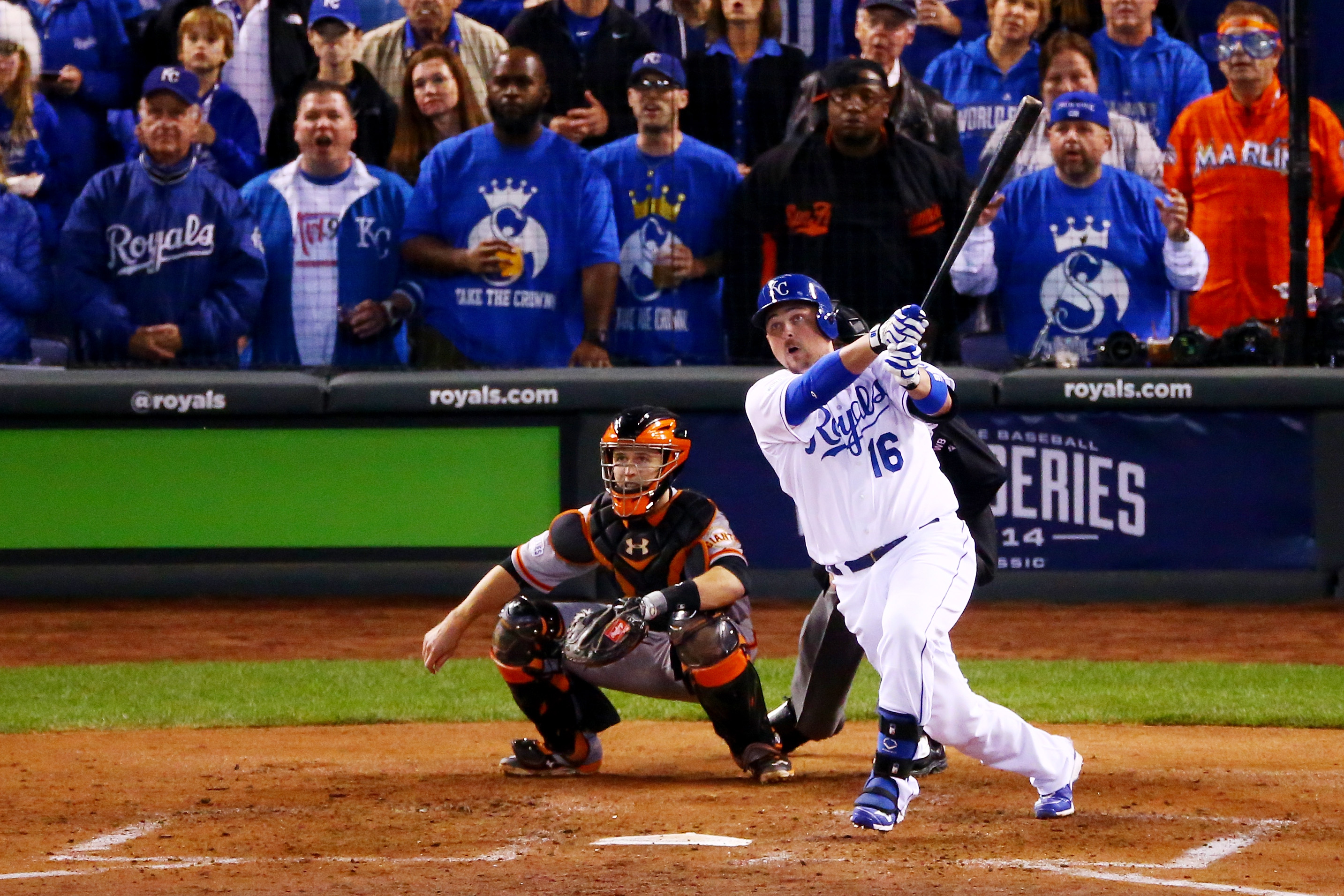 Billy Butler #16 of the Kansas City Royals hits an RBI double in the second inning against the San Francisco Giants during Game Six of the 2014 World Series at Kauffman Stadium on October 28, 2014 in Kansas City, Missouri.