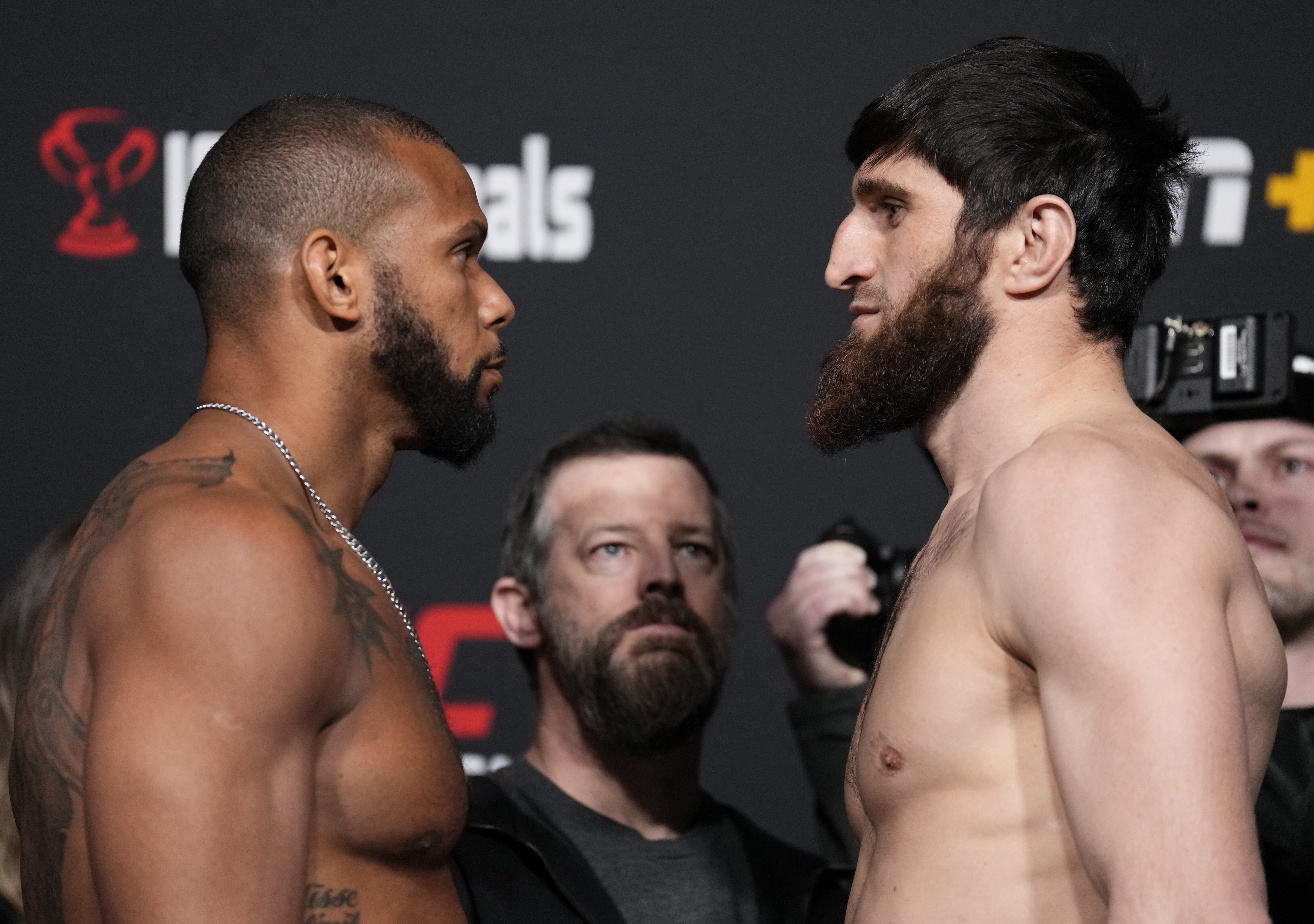 Thiago Santos and Magomed Ankalaev face off during the UFC Fight Night weigh-in at UFC APEX on March 11, 2022 in Las Vegas, Nevada.