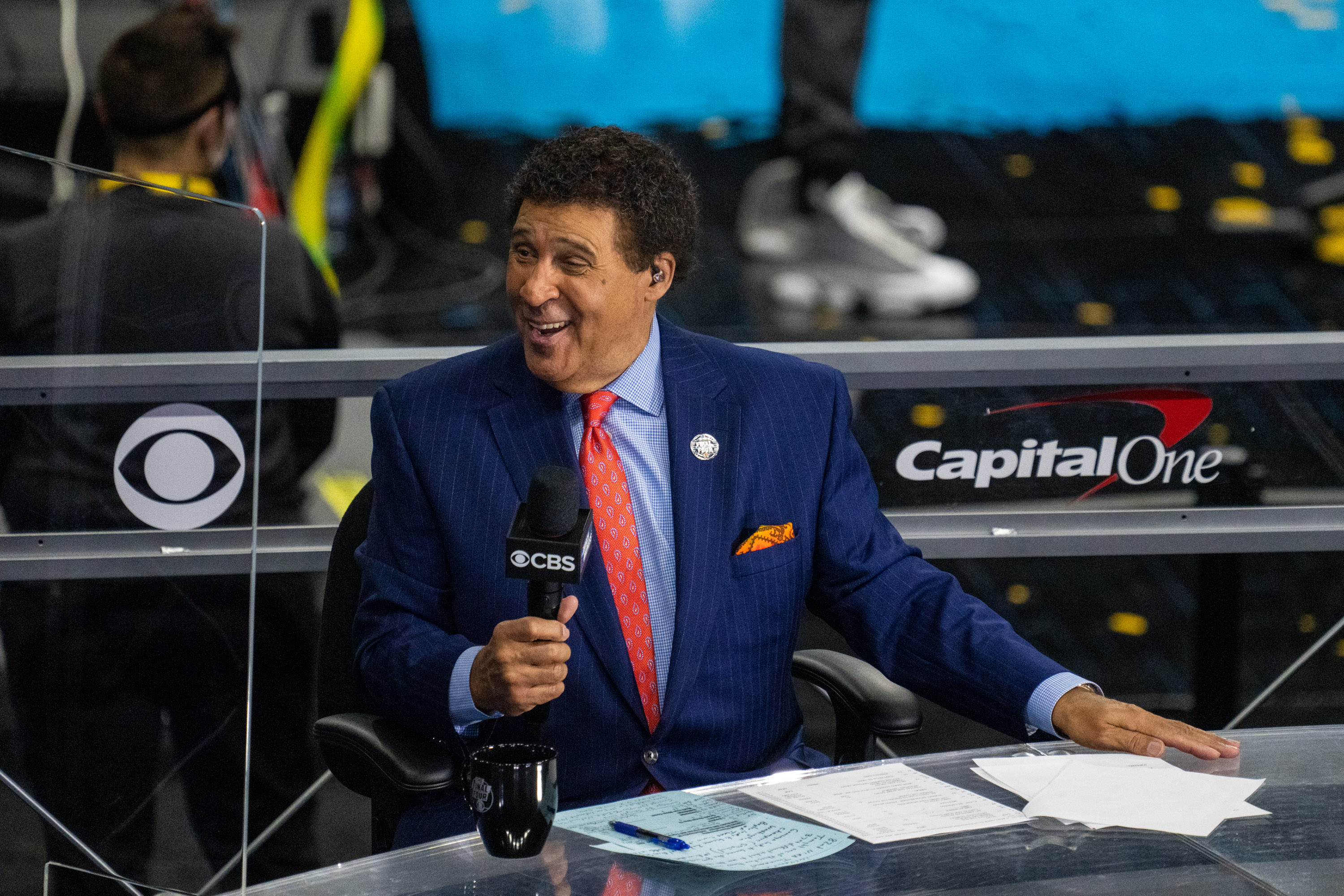 CBS announcer Greg Gumbel prior to the national championship game in the Final Four of the 2021 NCAA Tournament between the Gonzaga Bulldogs and the Baylor Bears at Lucas Oil Stadium.&nbsp;