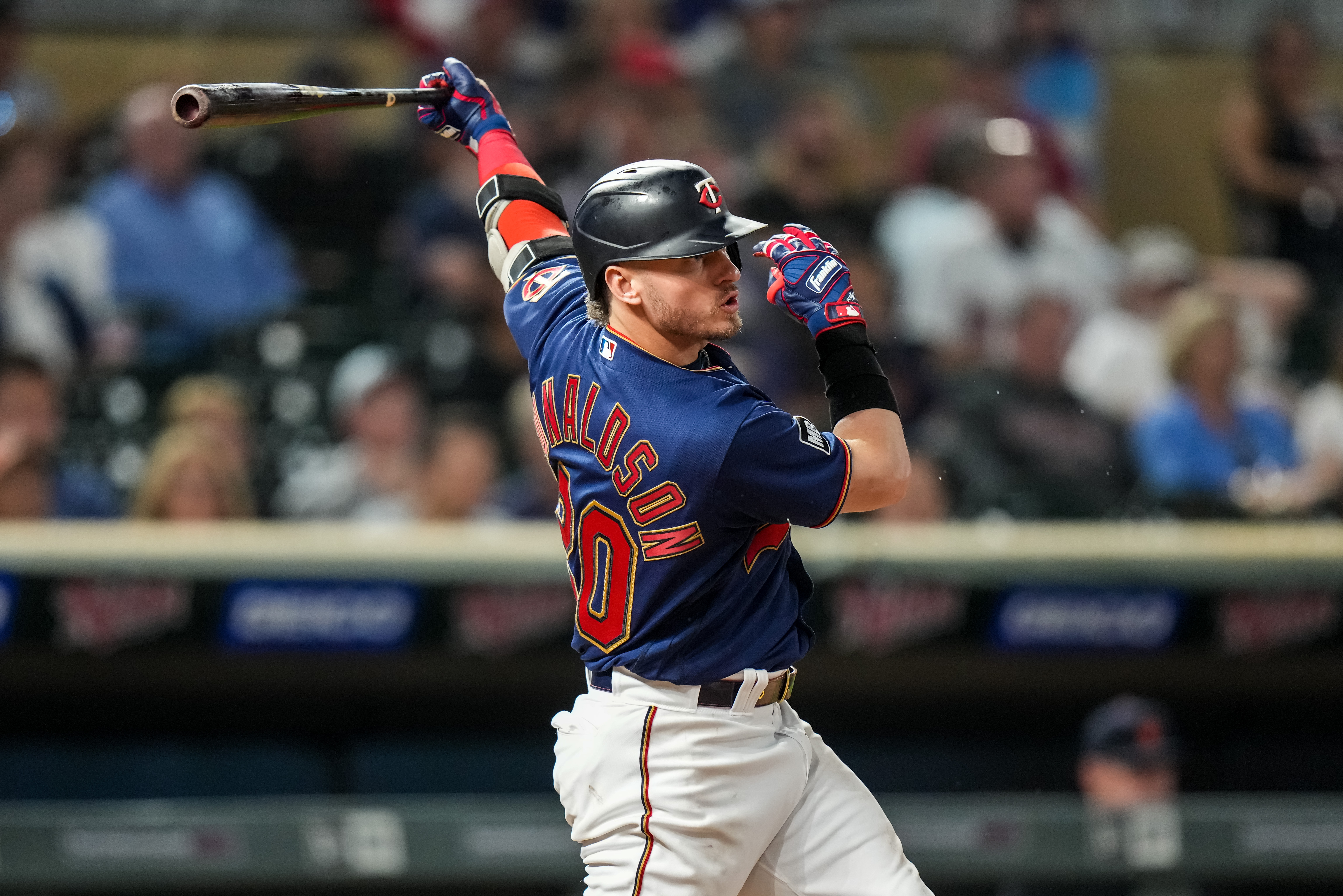 Josh Donaldson #20 of the Minnesota Twins bats against the Detroit Tigers on September 29, 2021 at Target Field in Minneapolis, Minnesota.