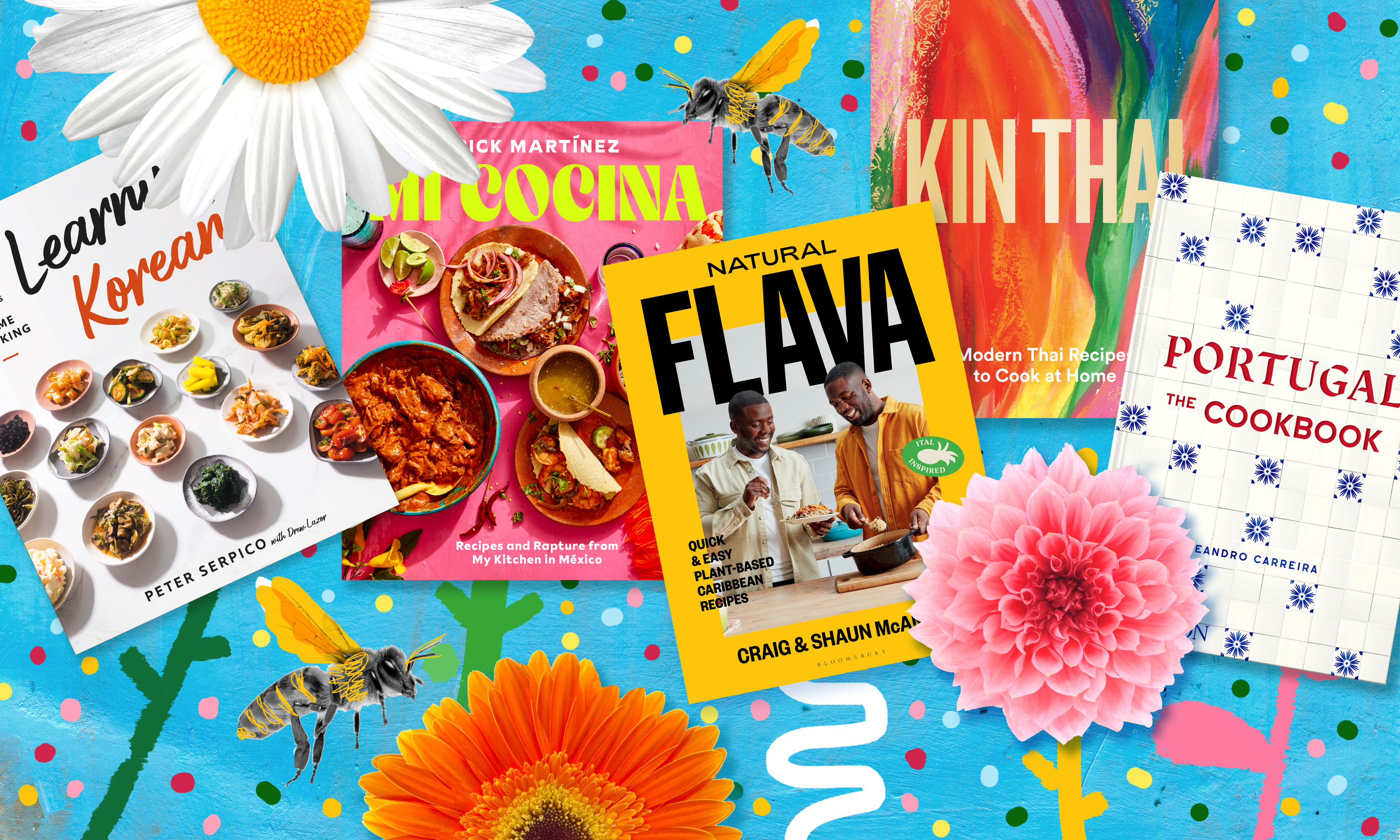 An array of cookbook covers, surrounded by flowers and bumblebees. Illustration.