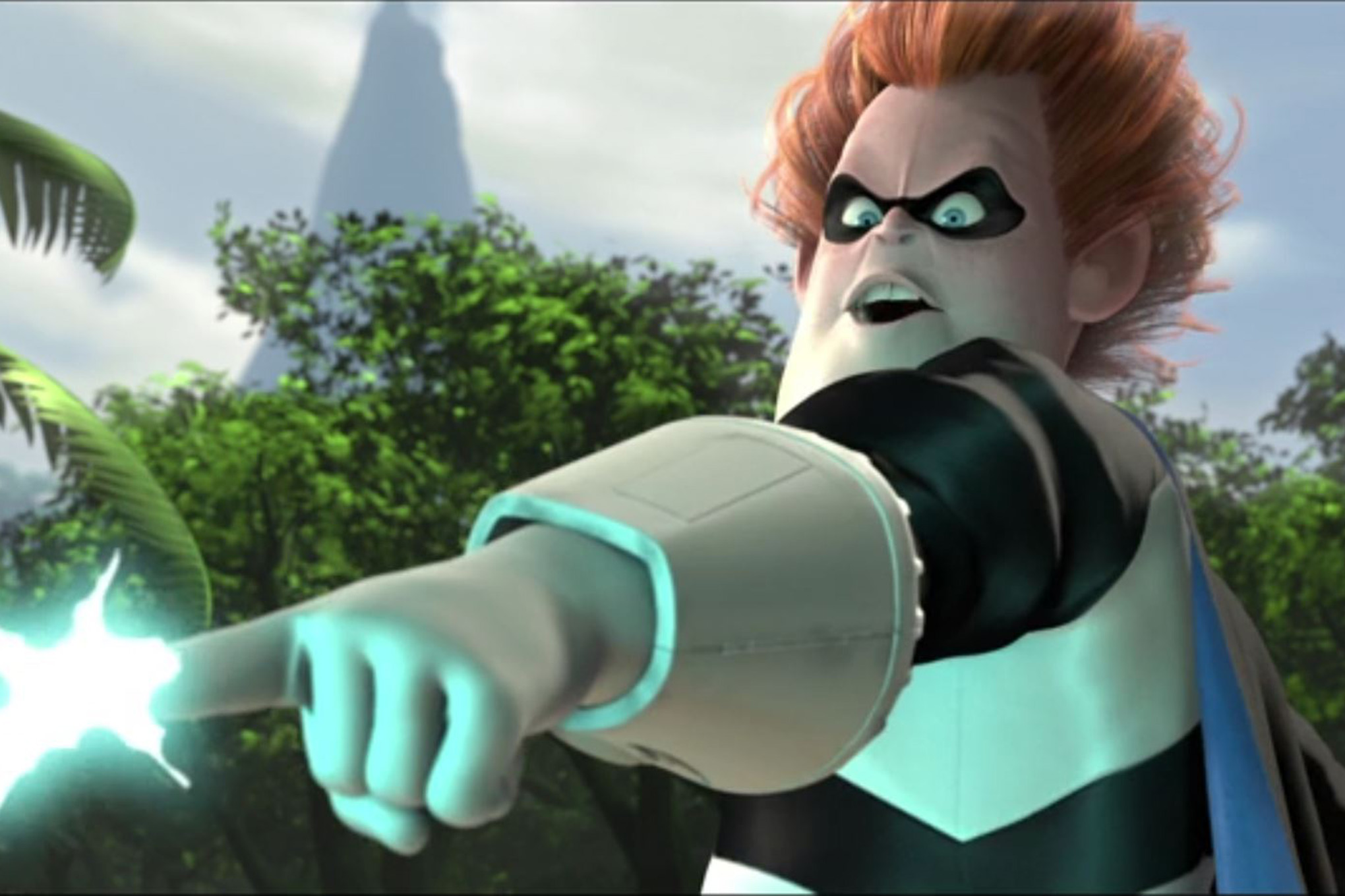 Syndrome shoots a bolt of energy in The Incredibles.