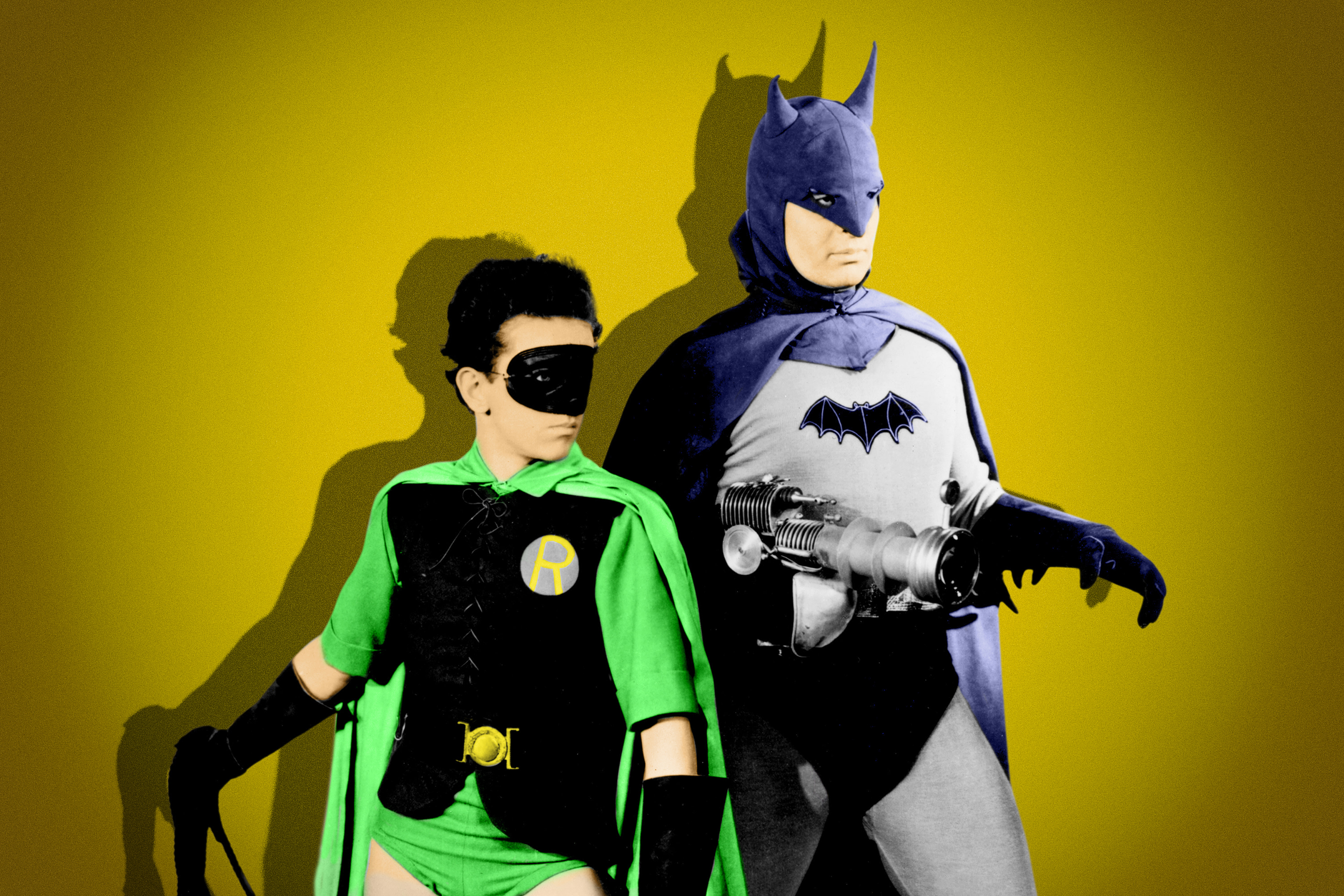 Colorized still of black &amp; white photo of Batman and Robin from 1943 series