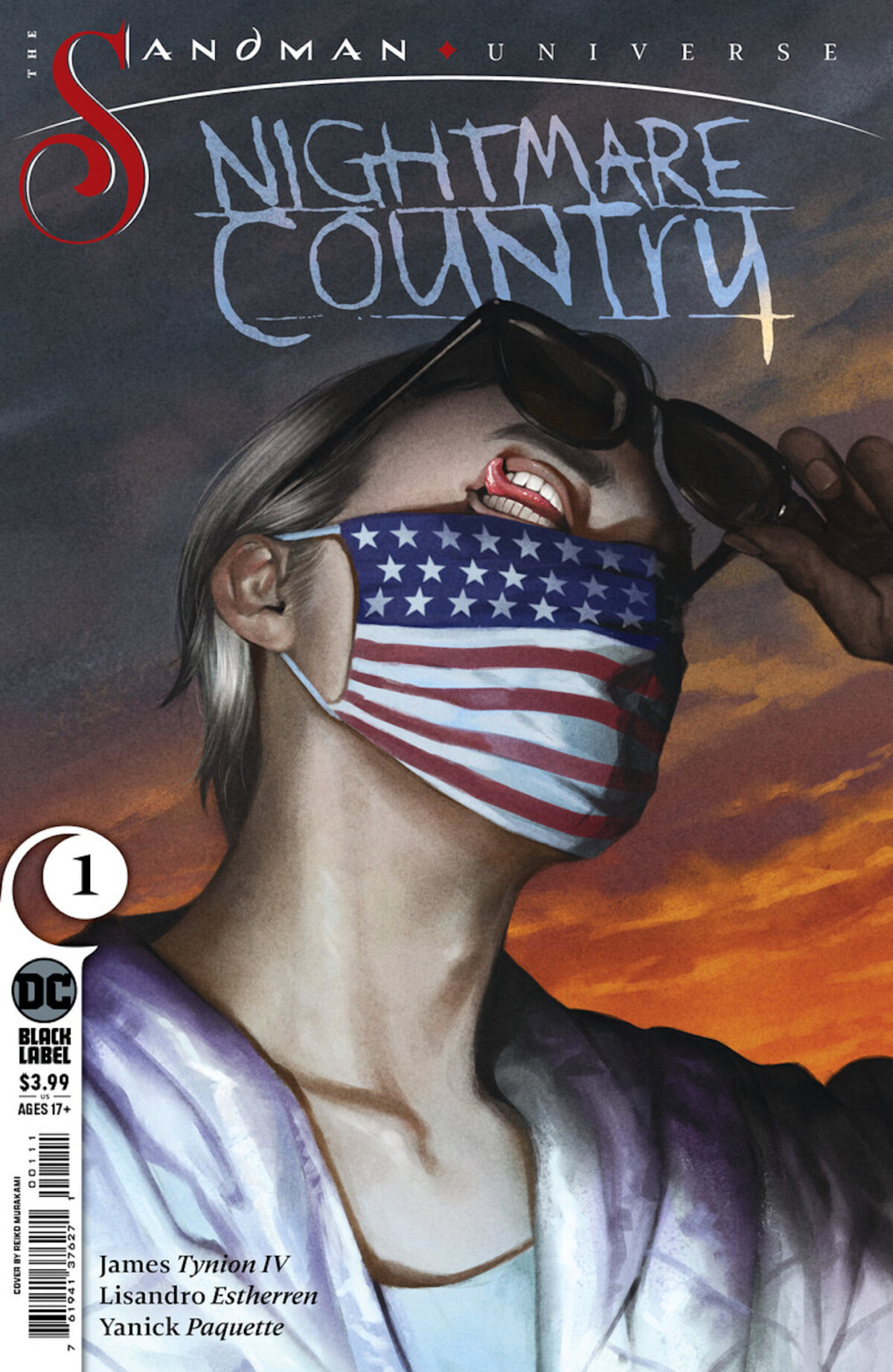 The cover for Nightmare Country #1 (2022) showing The Corinthian wearing a US Flag mask, lifting his sunglasses to reveal he has mouths for eyes.