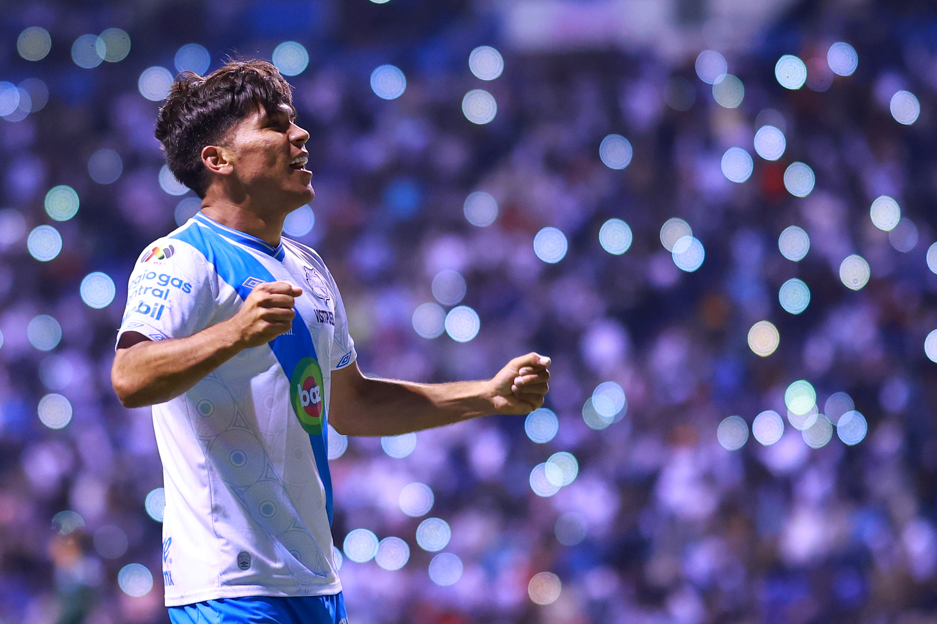 Martin Barragan of Puebla celebrates after scoring his team’s second goal during the 11th round match between Puebla and Santos Laguna as part of the Torneo Grita Mexico C22 Liga MX at Cuauhtemoc Stadium on March 18, 2022 in Puebla, Mexico.