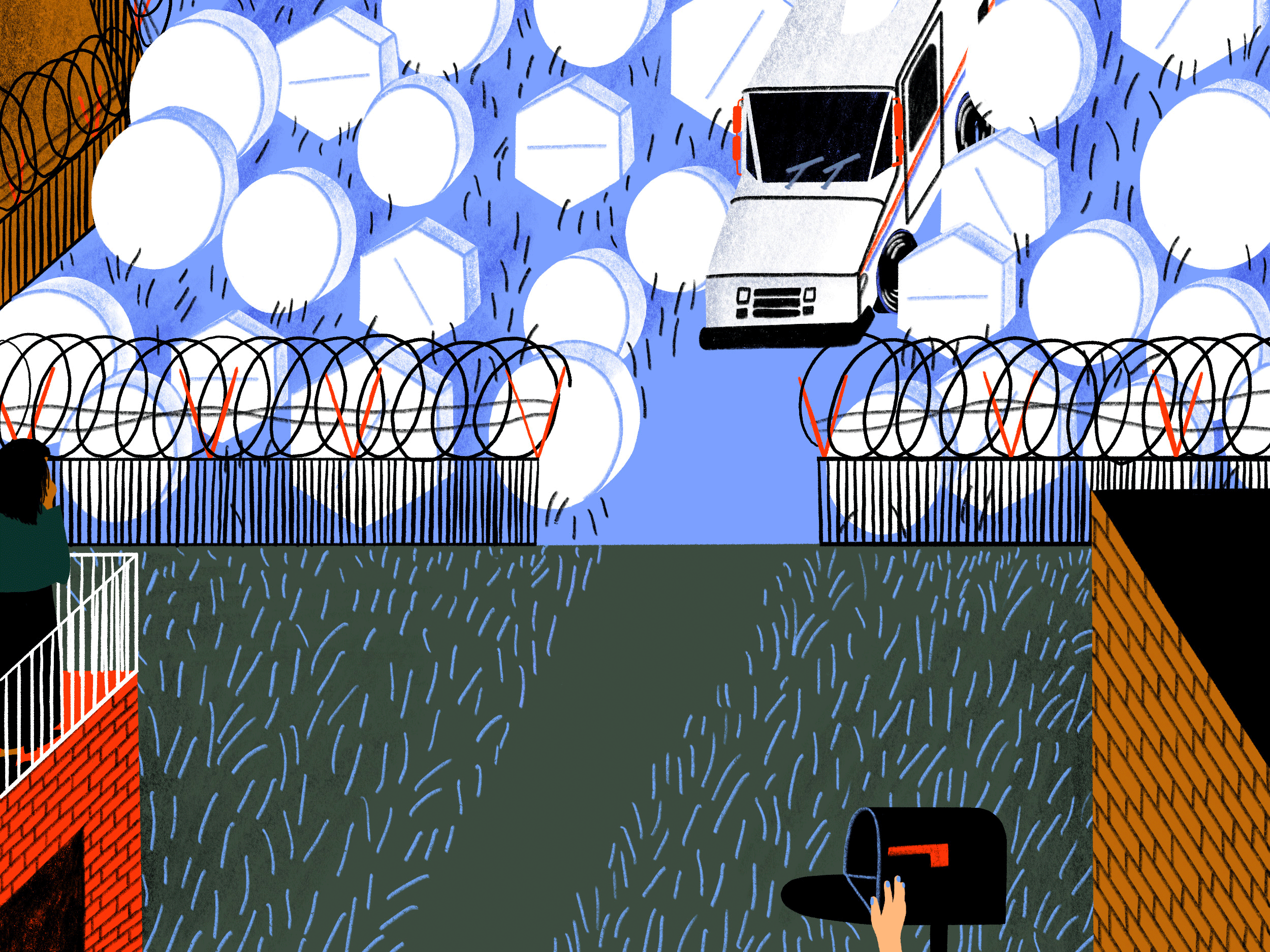 A USPS mail truck drives through a field of pills to make a delivery at a residence protected by barbed wire. A woman watches from a second floor balcony.