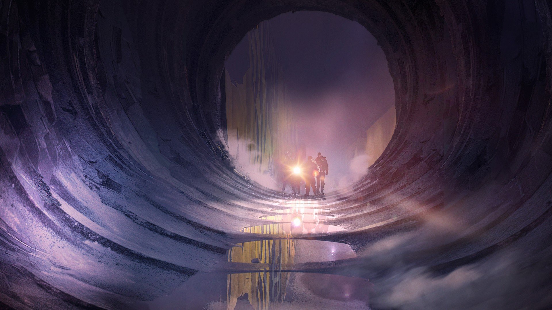 Concept art of four characters walking through a tunnel by Haven Studios