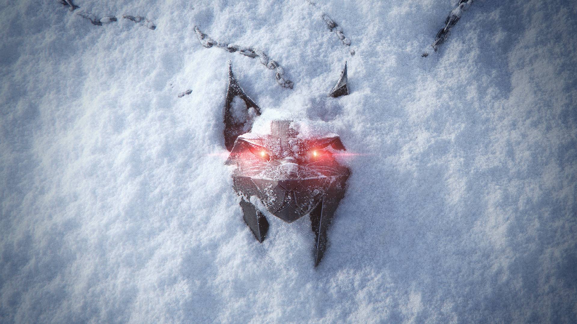 a Witcher medallion with glowing red eyes lying on snow
