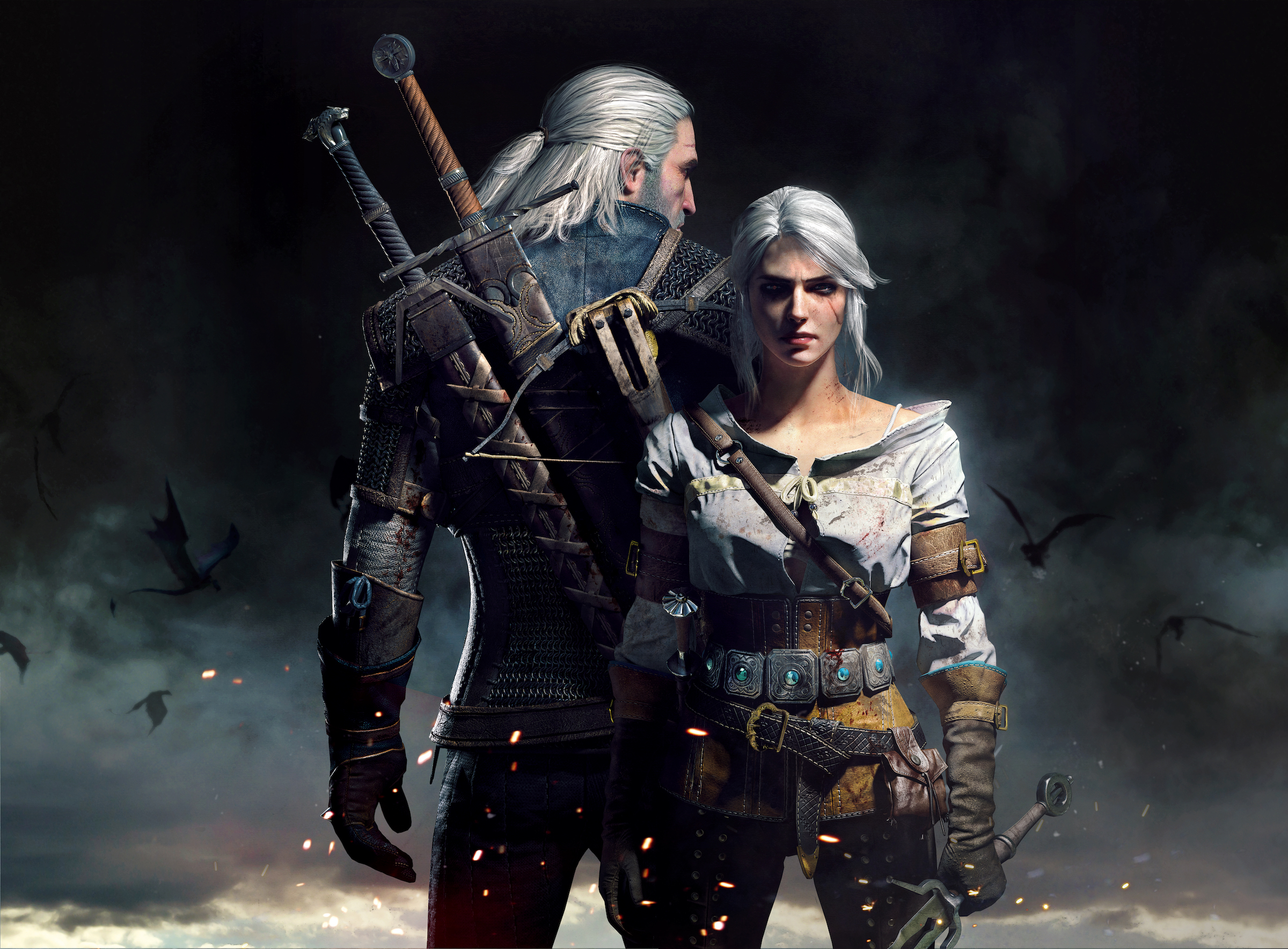 Geralt and Ciri standing back to back in artwork from The Witcher 3: Wild Hunt