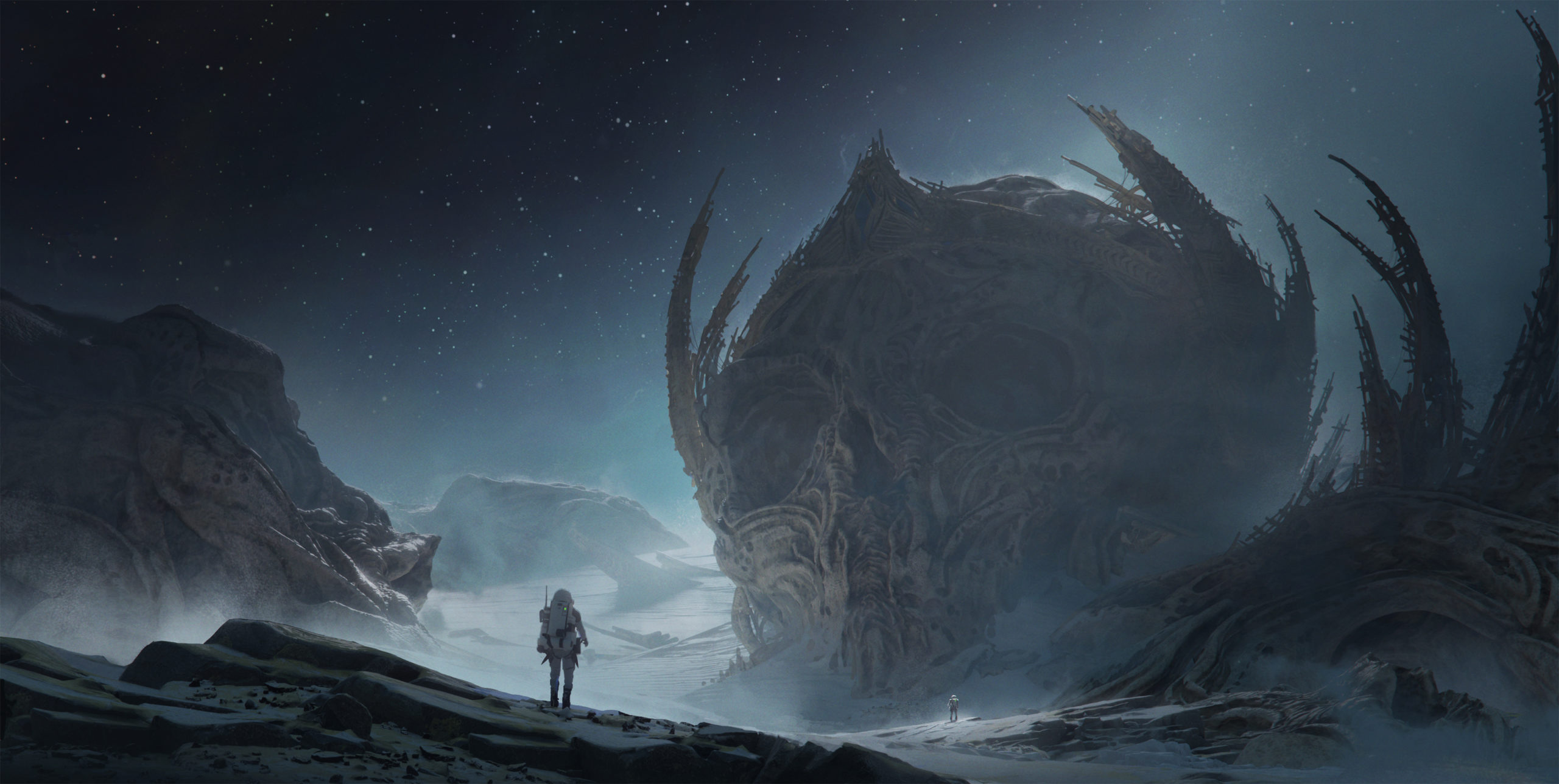two astronauts on an ominous planet with a large skull looming over