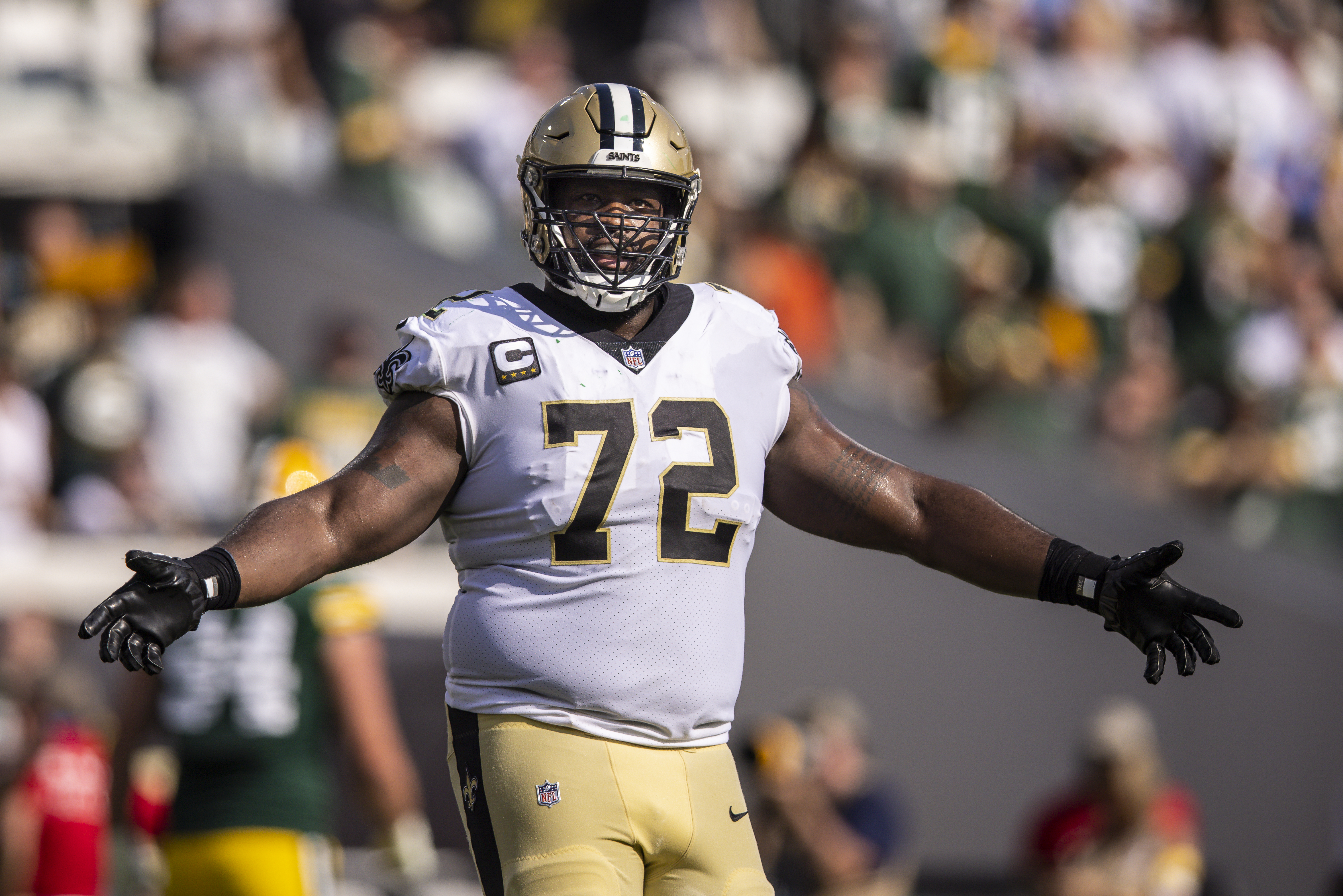Terron Armstead #72 of the New Orleans Saints celebrates a touchdown during the second quarter of a game against the Green Bay Packers at TIAA Bank Field on September 12, 2021 in Jacksonville, Florida.
