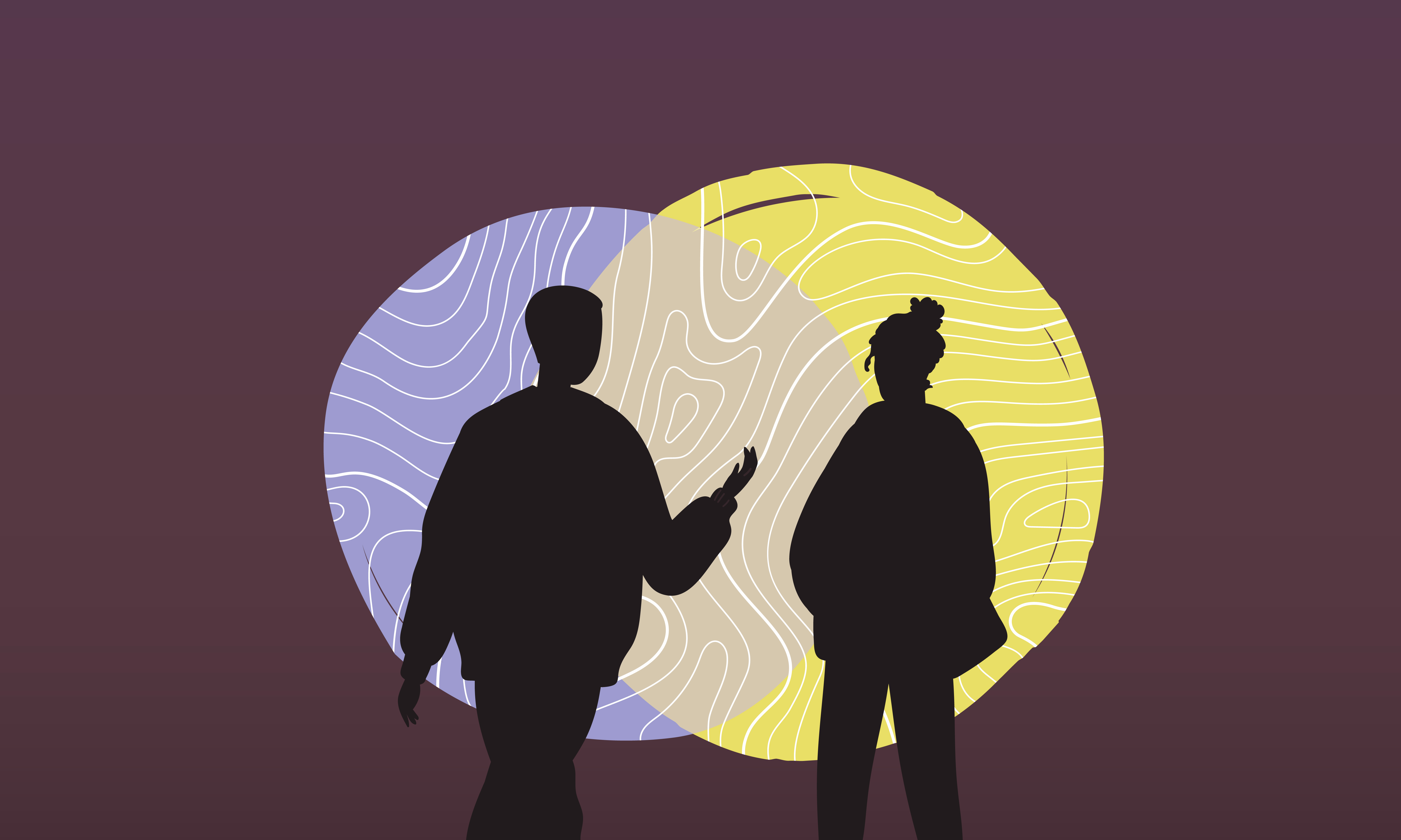 Illustration of two silhouetted people inside overlapping circles, with one person holding out a hand.