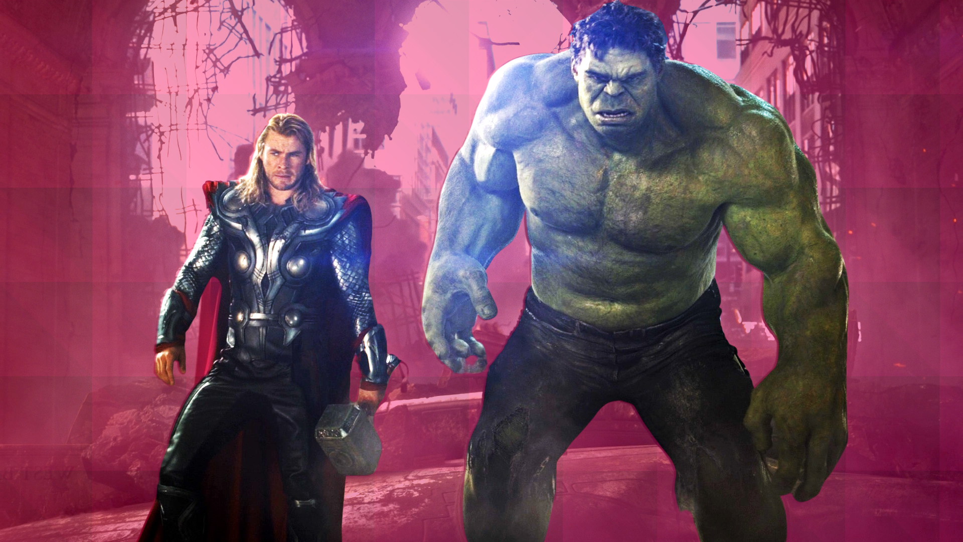 Thor and Hulk stand abreast, glowering, in The Avengers (2012). 