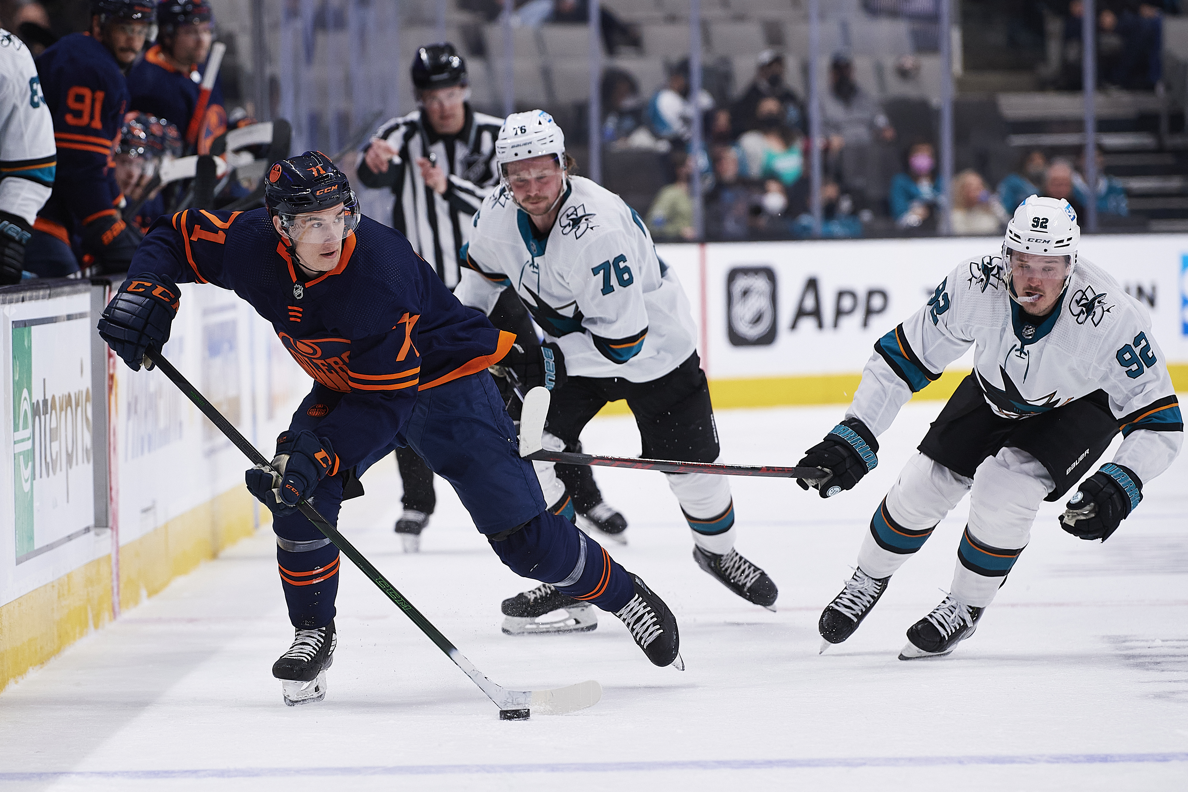 Edmonton Oilers center Ryan McLeod (71) carries the puck during the NHL game between the San Jose Sharks and the Edmonton Oilers on February 14, 2022 at SAP Center in San Jose, CA.