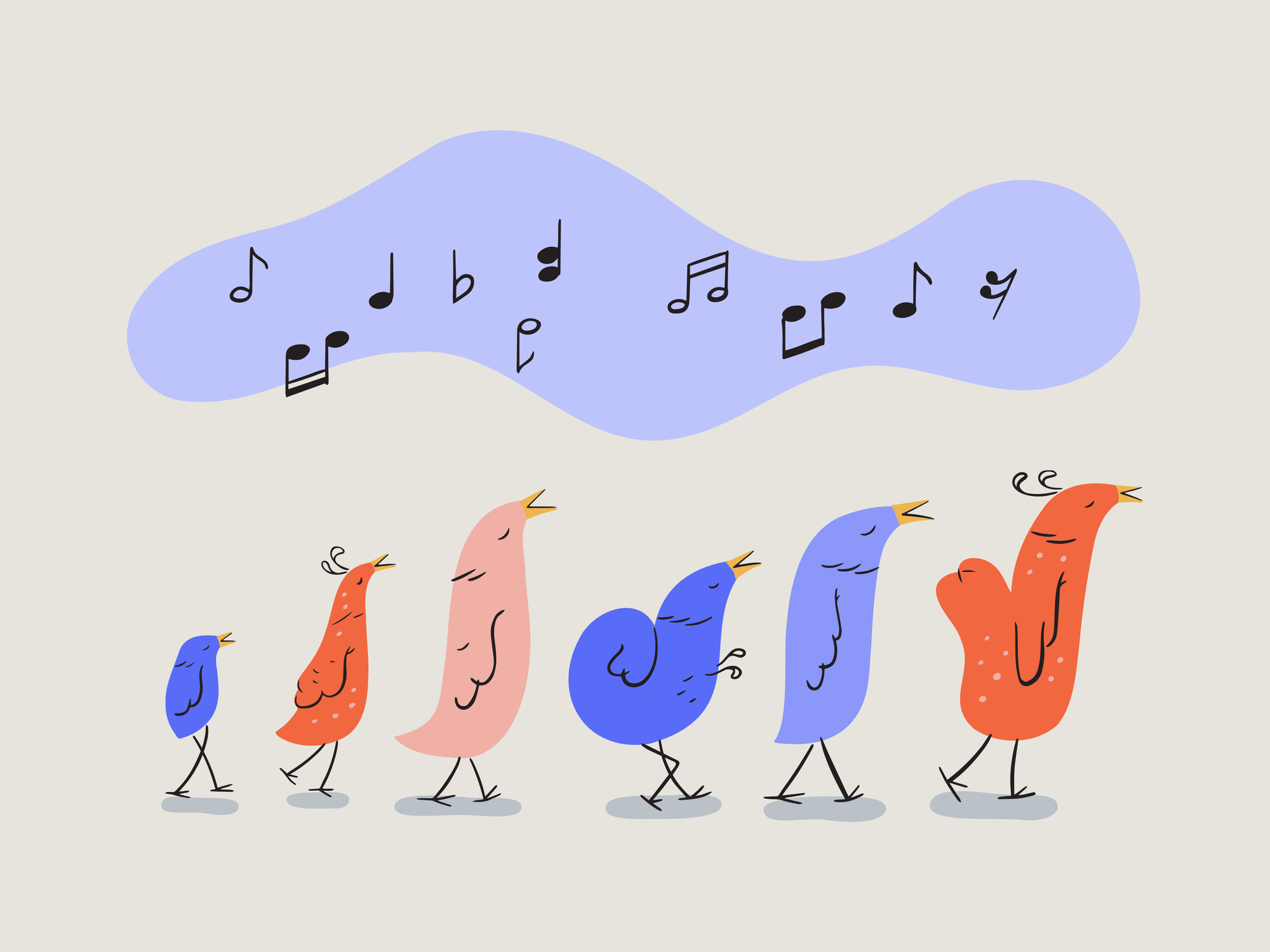 Illustration of a flock of cute cartoon birds singing while walking in a line.