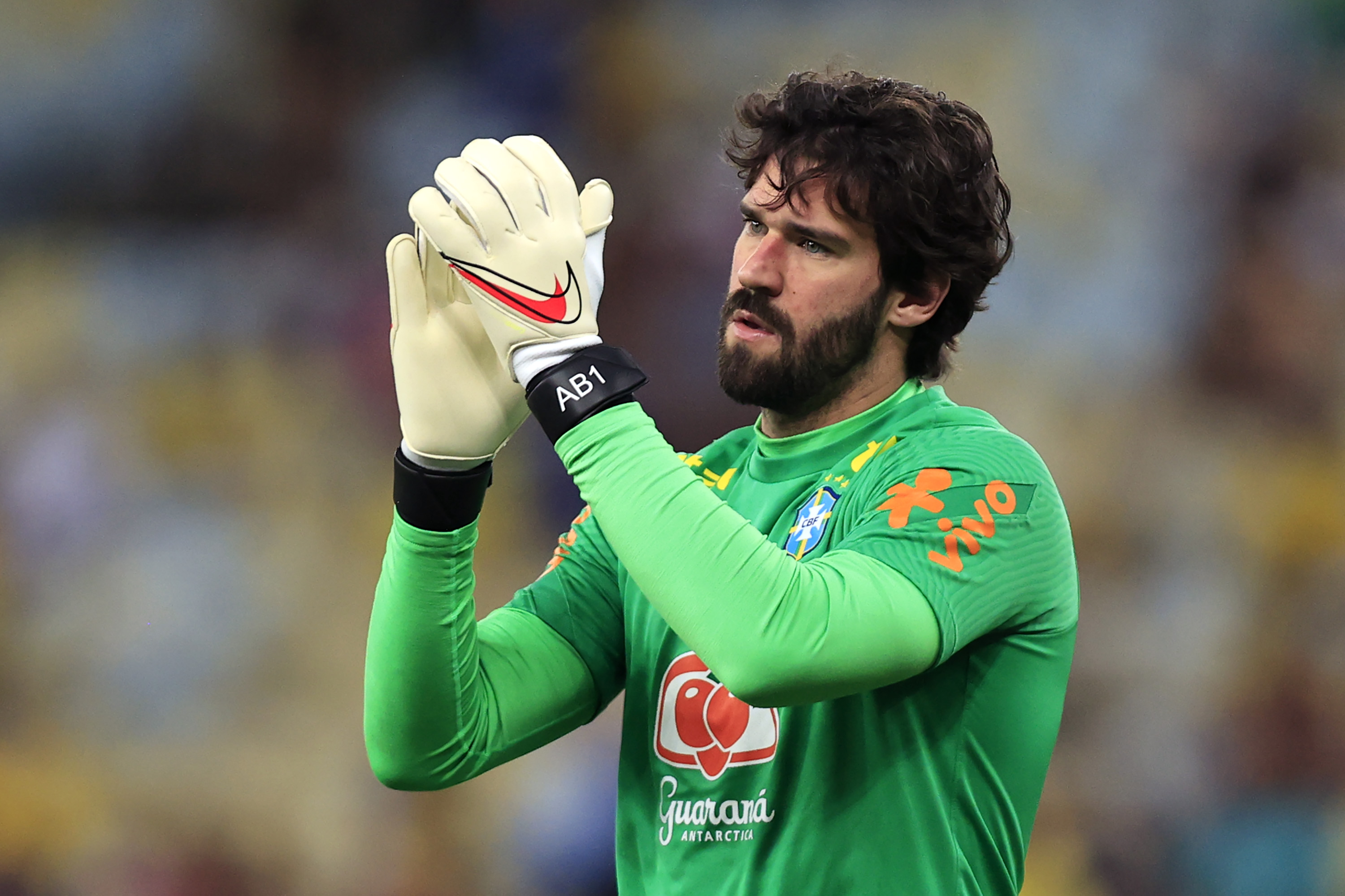 Alisson Becker of Brazil greets fans prior to a match between Brazil and Chile as part of FIFA World Cup Qatar 2022 Qualifier on March 24, 2022 in Rio de Janeiro, Brazil.