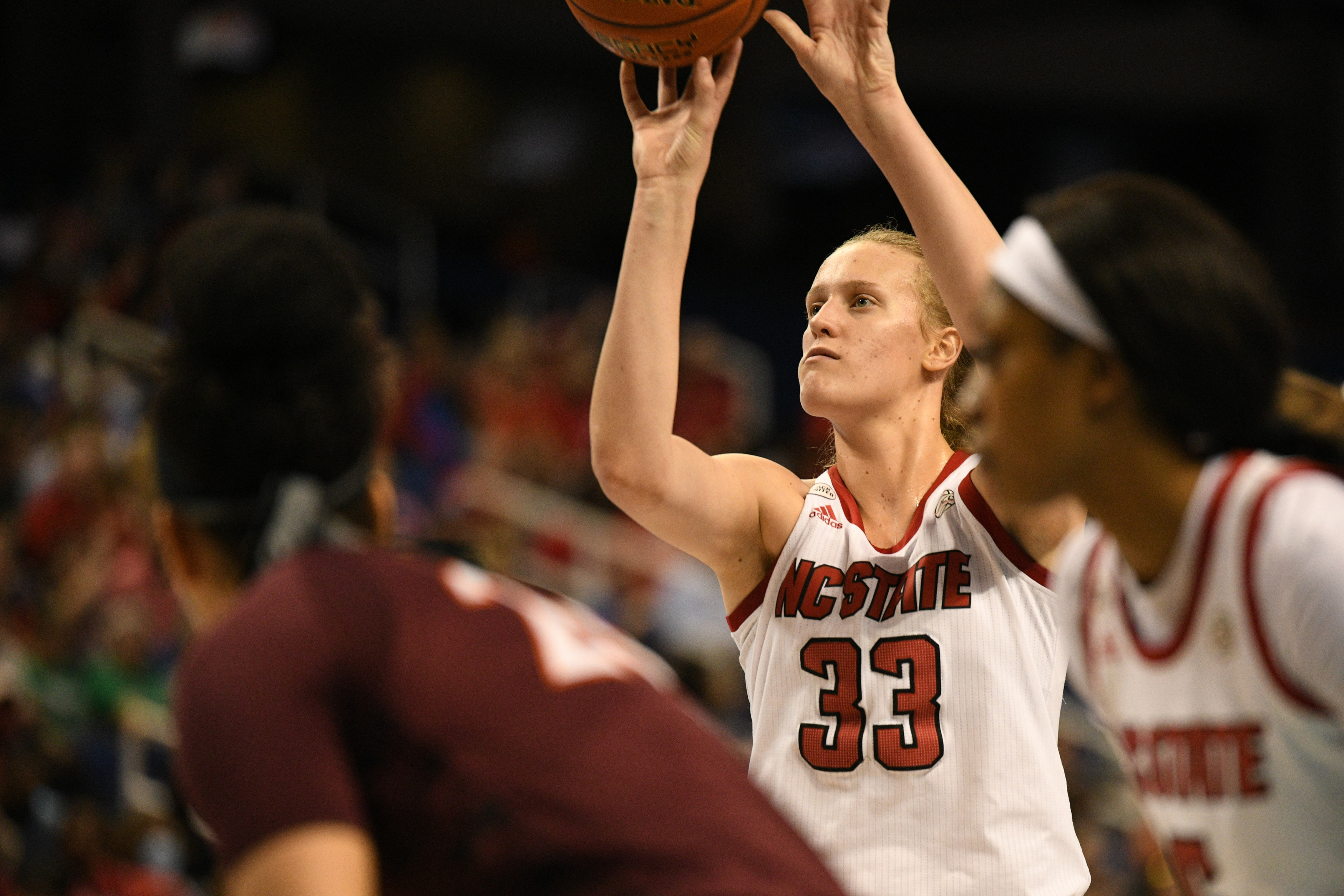 NC State Wolfpack center Elissa Cunane (33) shoots a free throw against Virginia Tech Hokies during the first quarter at Greensboro Coliseum Complex.