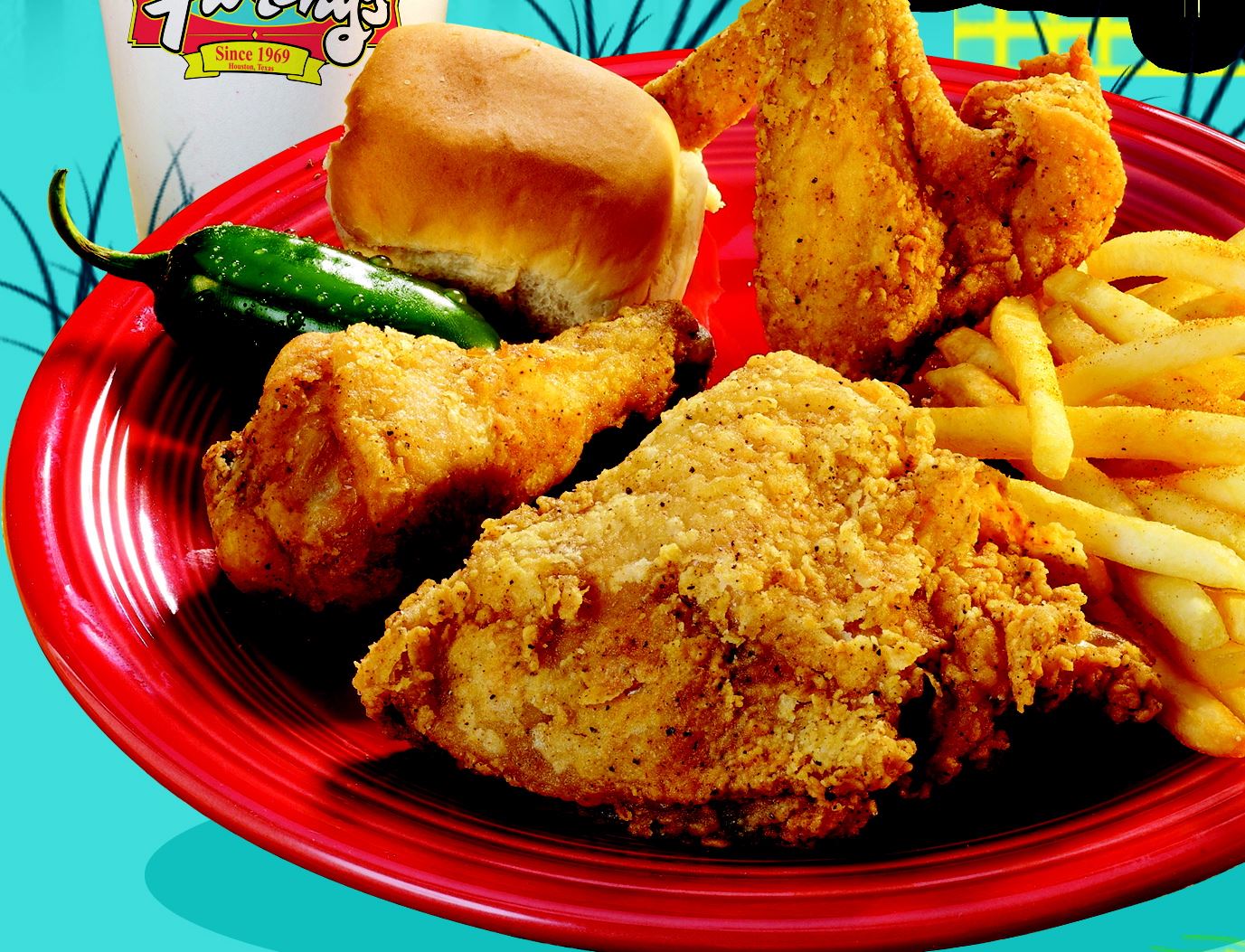 Frenchy’s fried chicken with french fries, roll, and jalapeno