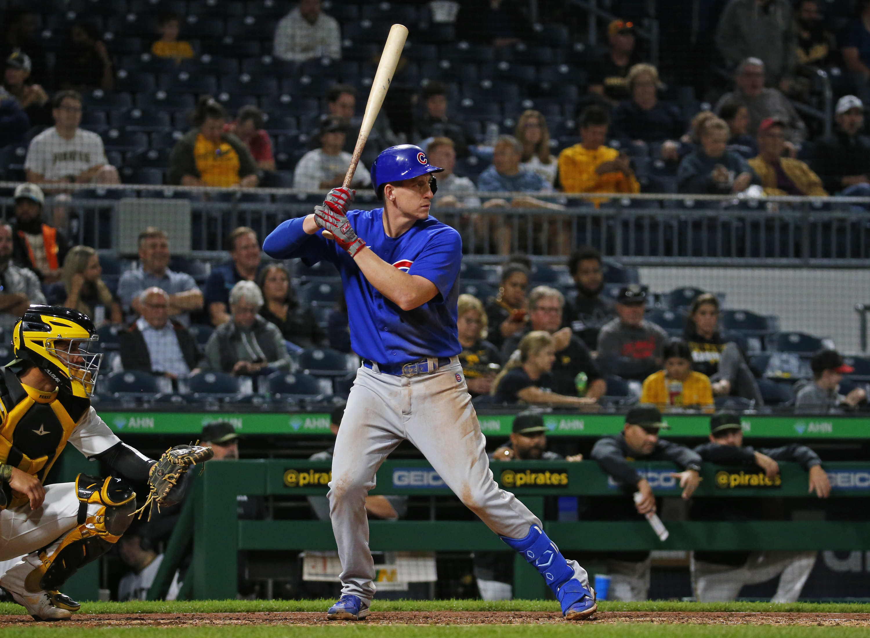 Frank Schwindel #18 of the Chicago Cubs in action against the Pittsburgh Pirates during the game at PNC Park on September 29, 2021 in Pittsburgh, Pennsylvania.