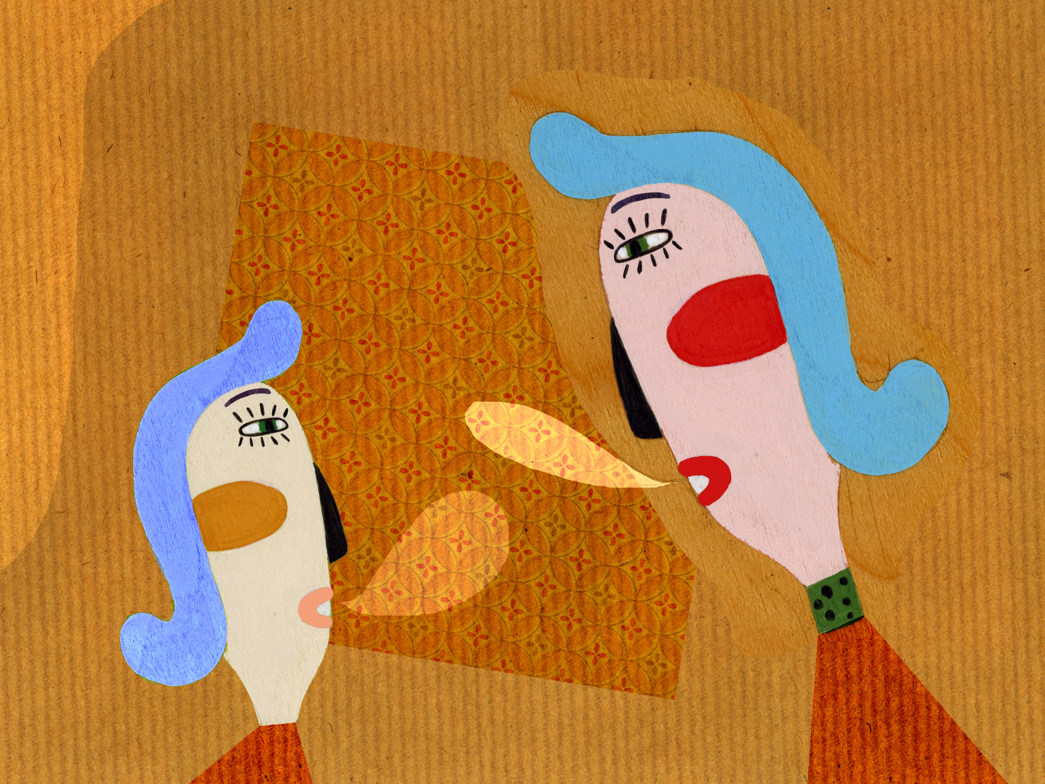 A collage illustration of a parent and child with speech bubbles, in conversation. 