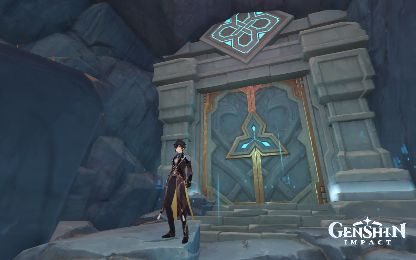 Zhongli stands in front of the Lost Valley domain entrance