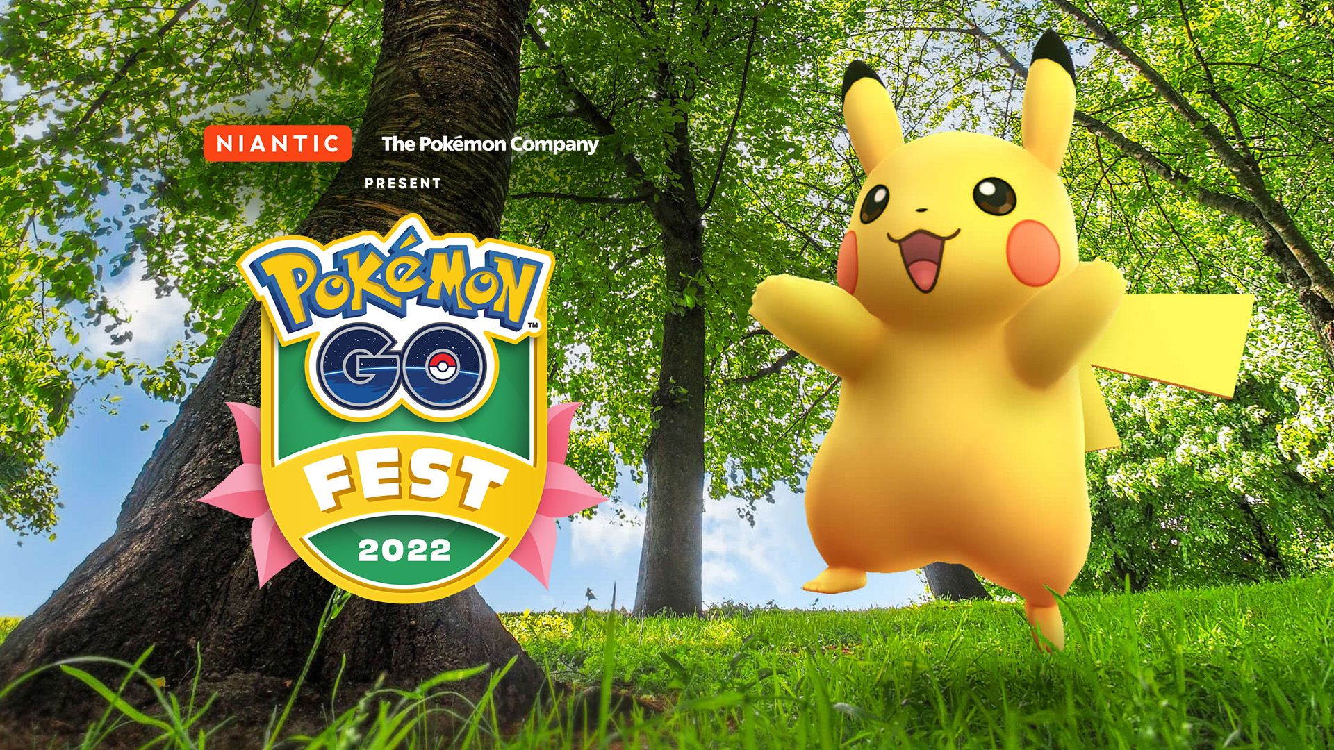 Artwork of Pikachu in a forest and a Pokémon Go Fest 2022 logo