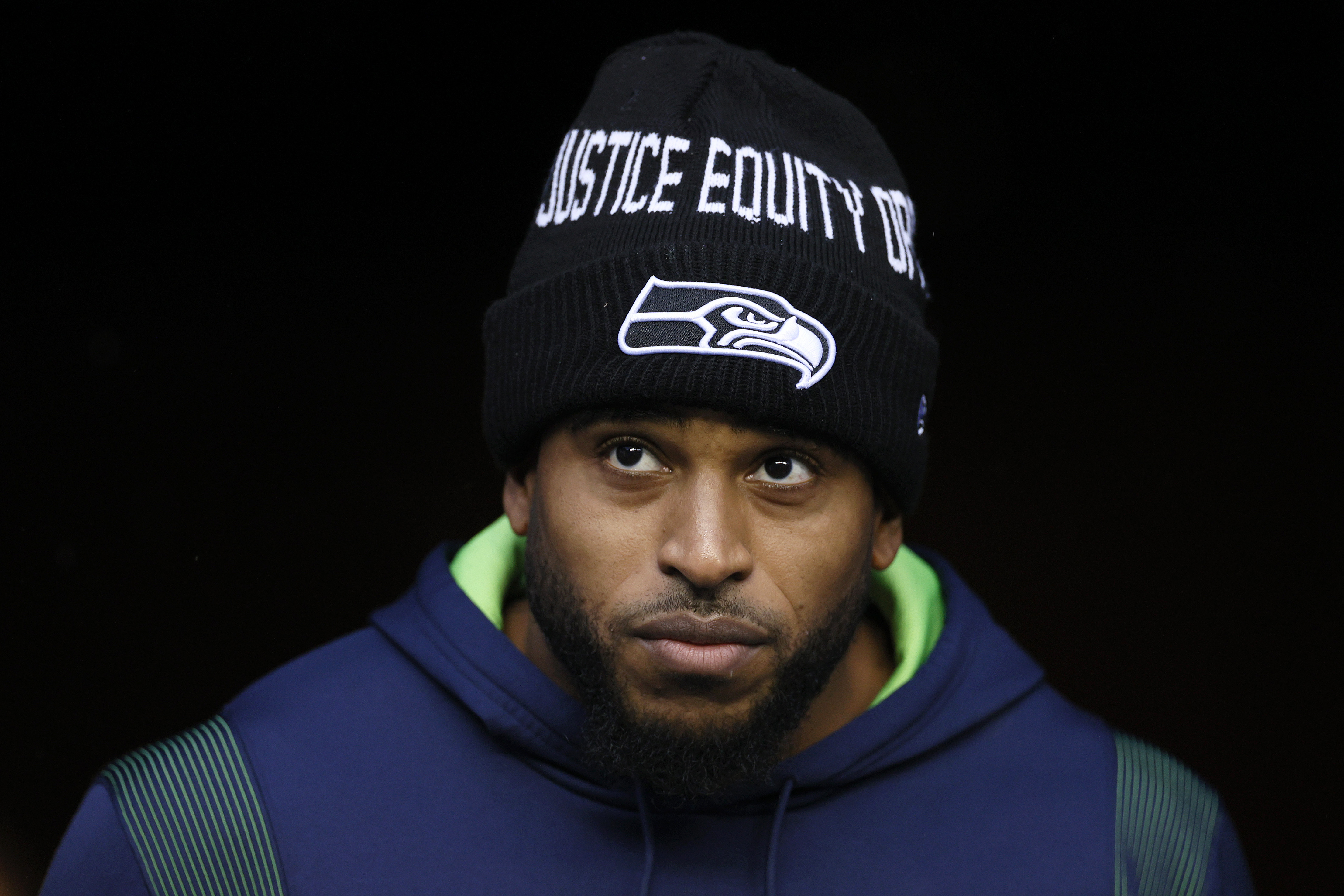 Bobby Wagner #54 of the Seattle Seahawks looks on before the game against the Detroit Lions at Lumen Field on January 02, 2022 in Seattle, Washington.