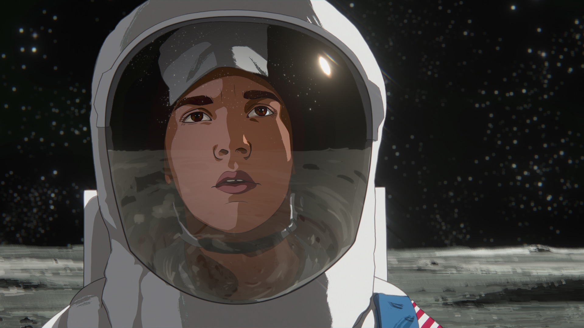 An animated astronaut stands on the moon in Richard Linklater’s Apollo 10 1/2