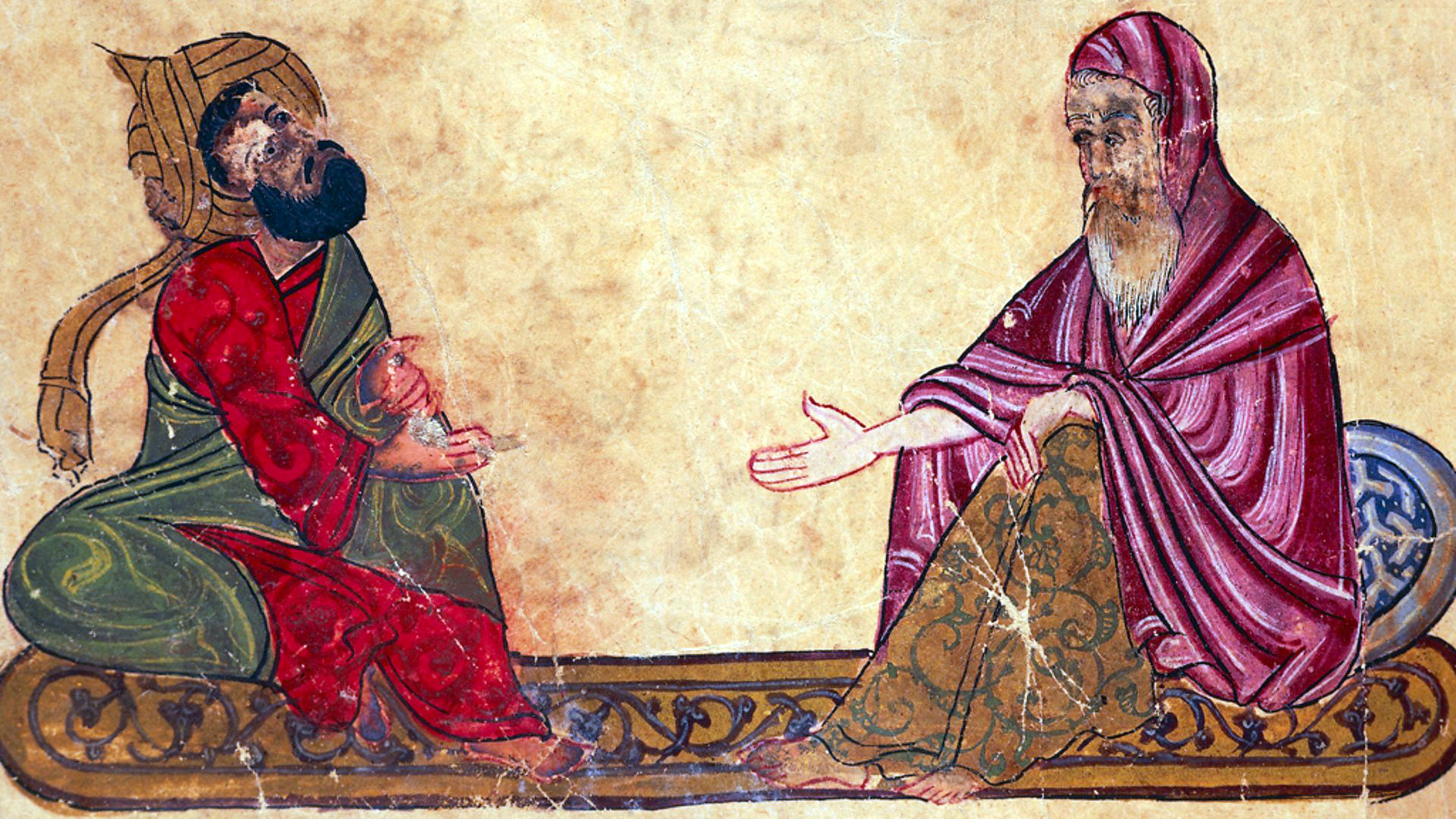 Turkey/Arabia: Two philosophers debating (to the right, possibly, Abu Yusuf al Kindi), ‘The best rulings and the most precious sayings of Al-Mubashshir’, 13th century CE