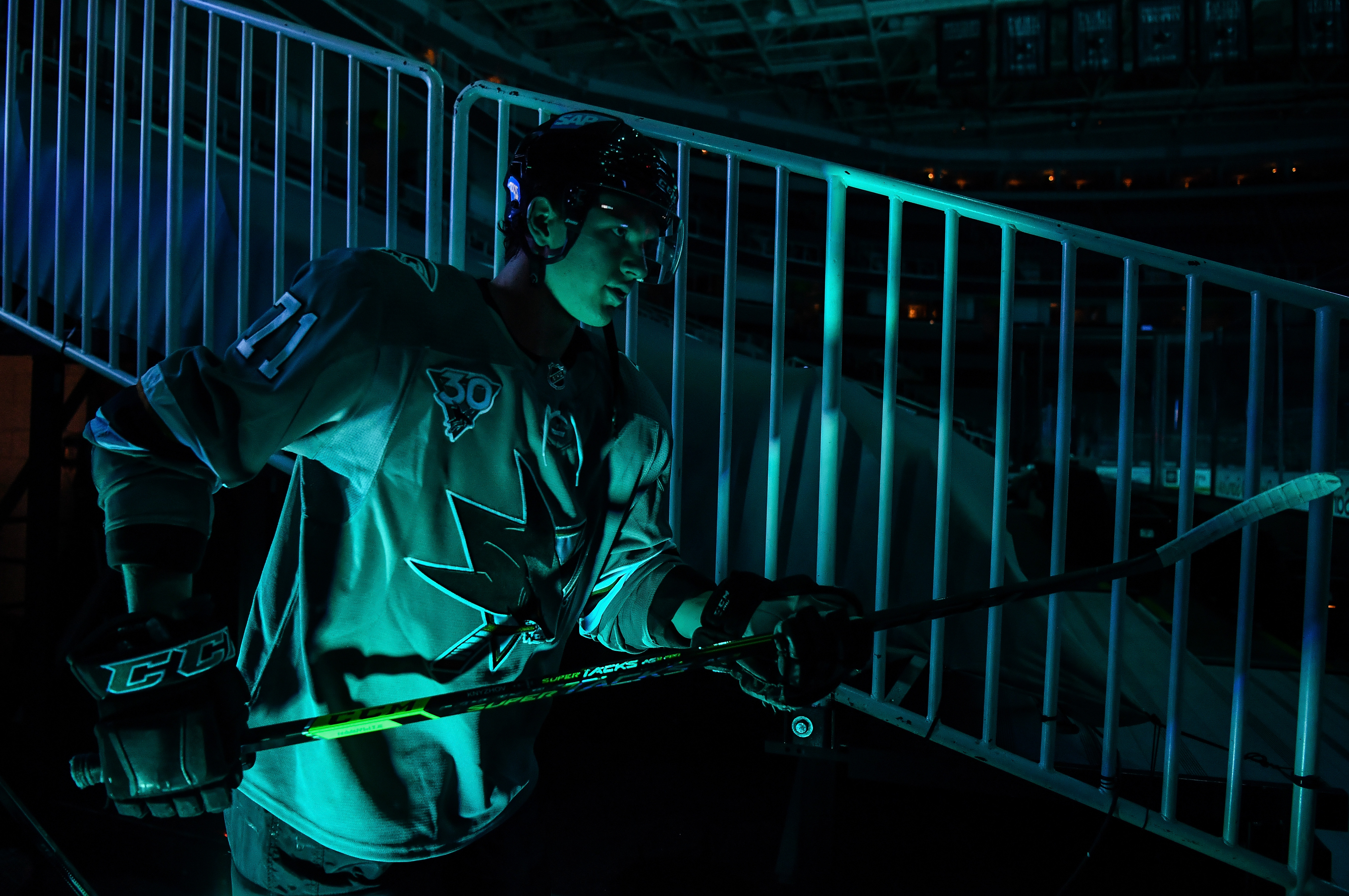 Nikolai Knyzhov #71 of the San Jose Sharks walks out onto the ice before facing the Anaheim Ducks at SAP Center on April 14, 2021 in San Jose, California.