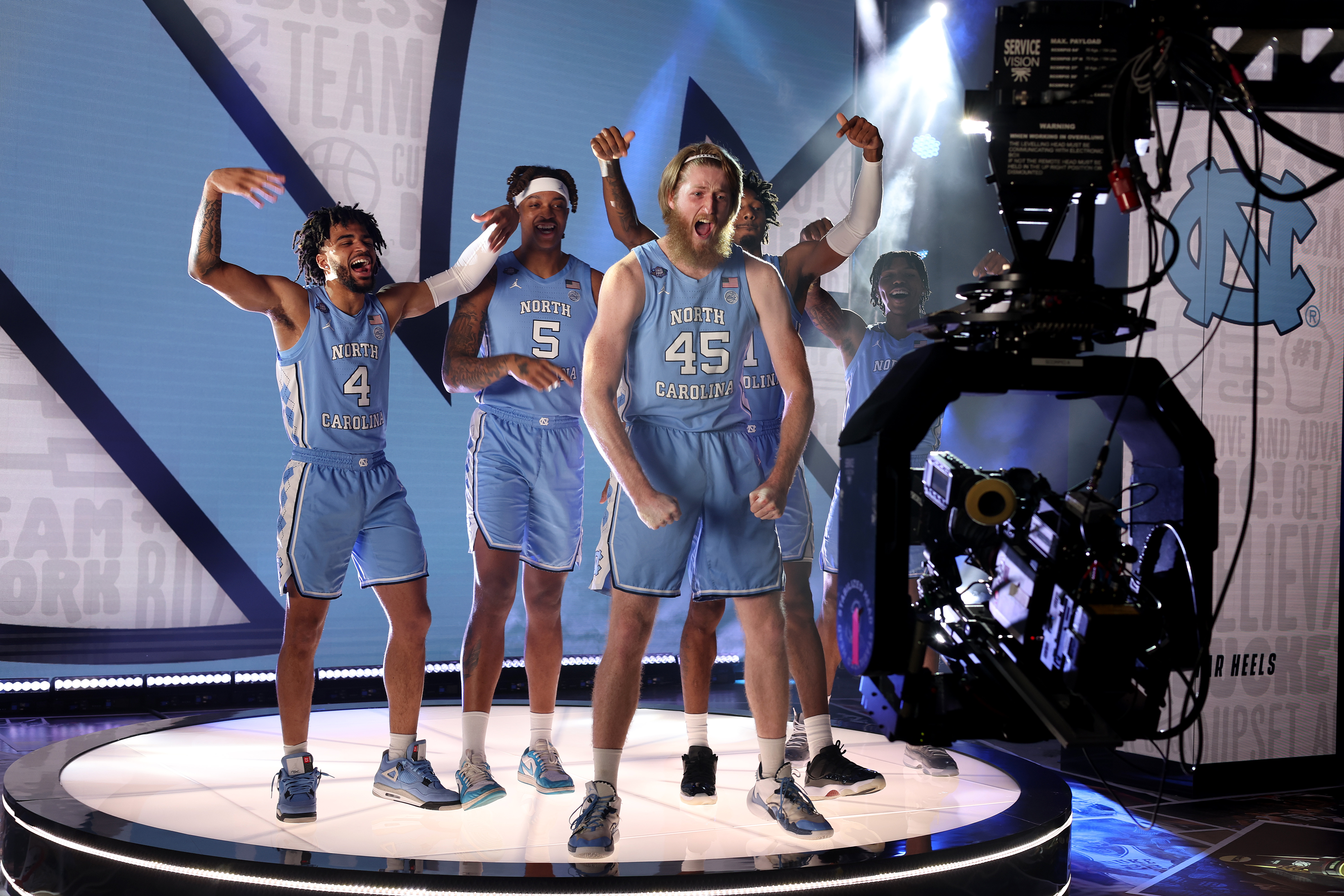 R.J. Davis #4, Brady Manek #45, Armando Bacot #5, Leaky Black #1 and Caleb Love #2 of the North Carolina Tar Heels pose for a Turner Broadcasting studio shoot during Media Day for the NCAA Men’s Basketball Tournament Final Four at Caesars Superdome on March 31, 2022 in New Orleans, Louisiana.