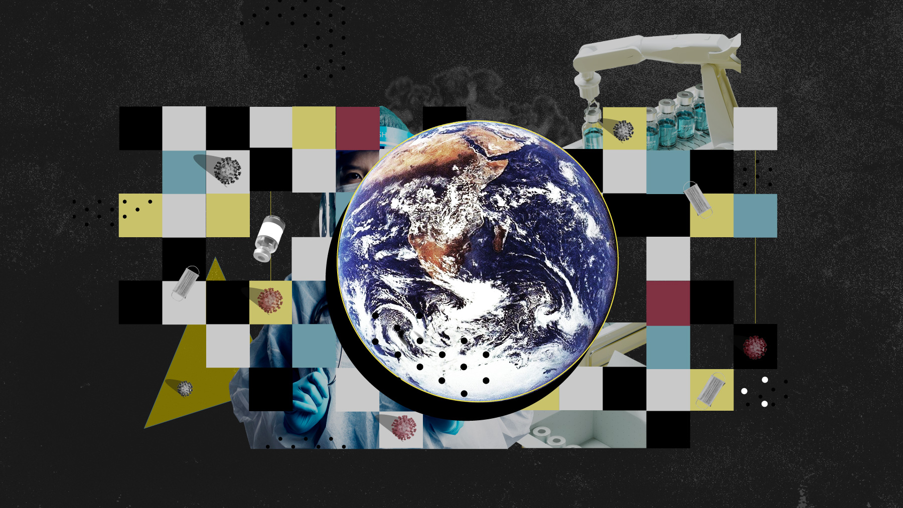 A photo collage of the Earth as seen from space on a checkered background showing pandemic-related images.