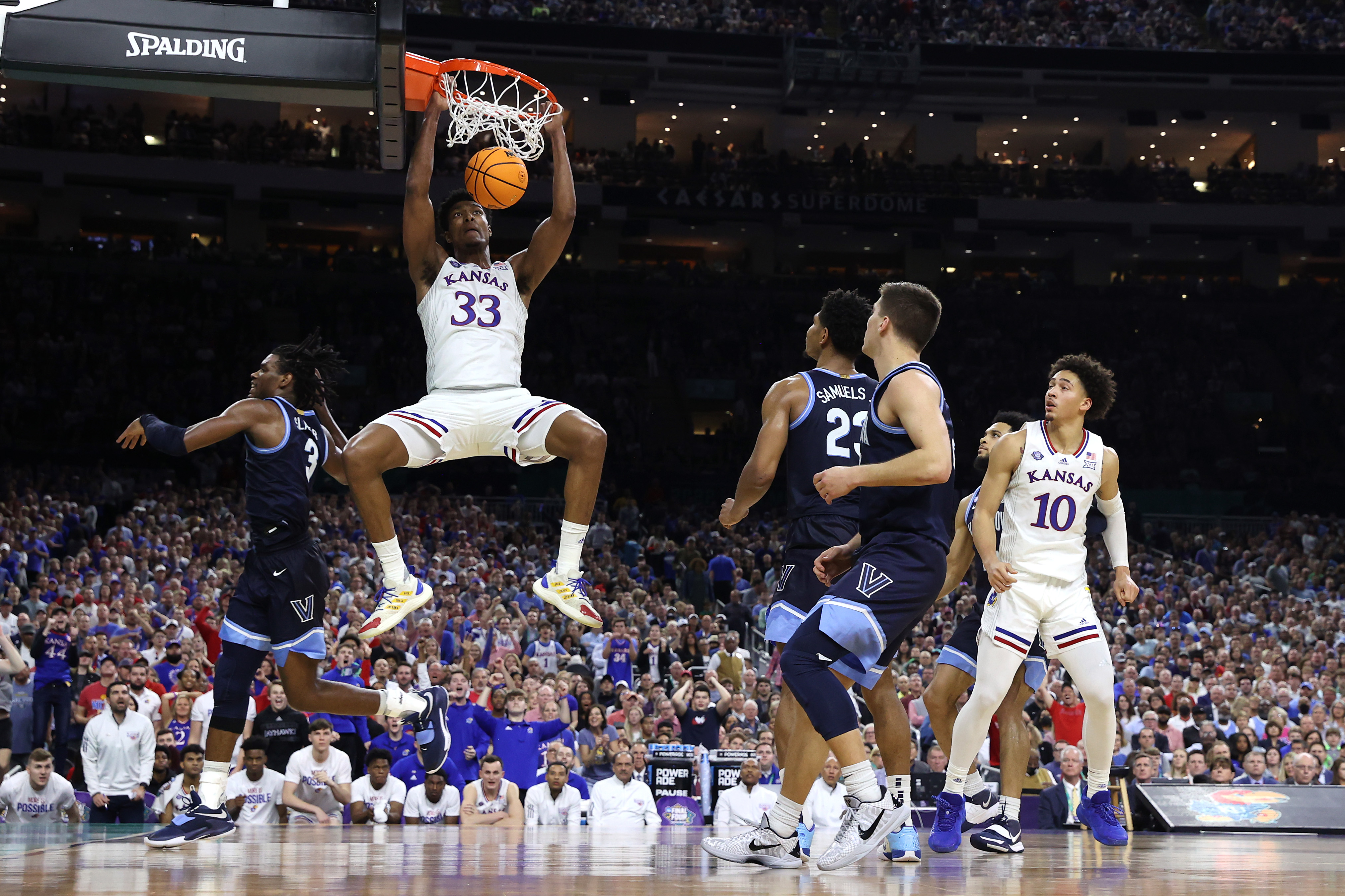 David McCormack #33 of the Kansas Jayhawks dunks against the Villanova Wildcats in the second half during the 2022 NCAA Men’s Basketball Tournament Final Four semifinal at Caesars Superdome on April 02, 2022 in New Orleans, Louisiana. The Kansas Jayhawks defeated the Villanova Wildcats 81-65.