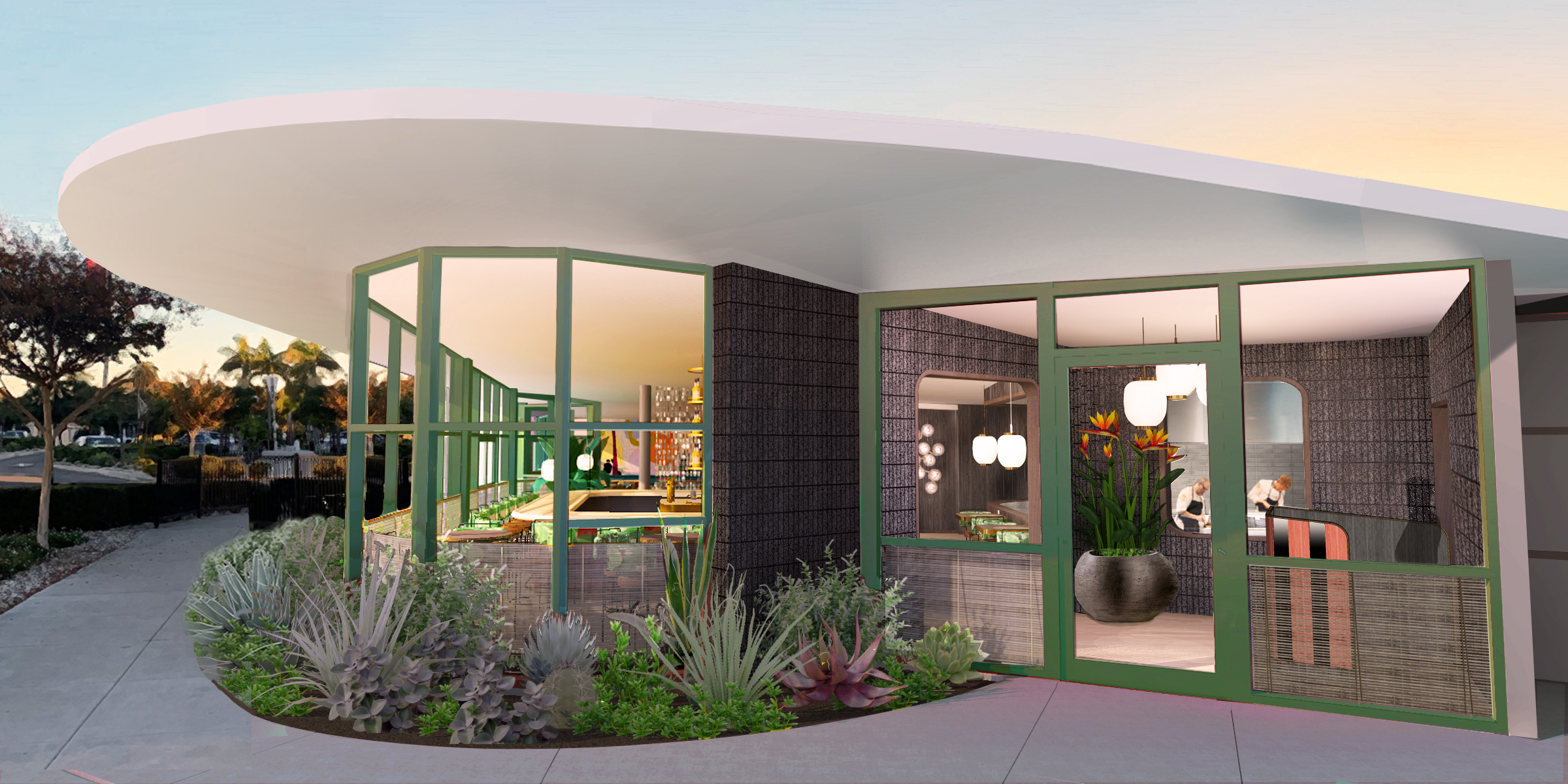 A rendering of a restaurant exterior with a curved roof and all-glass walls.