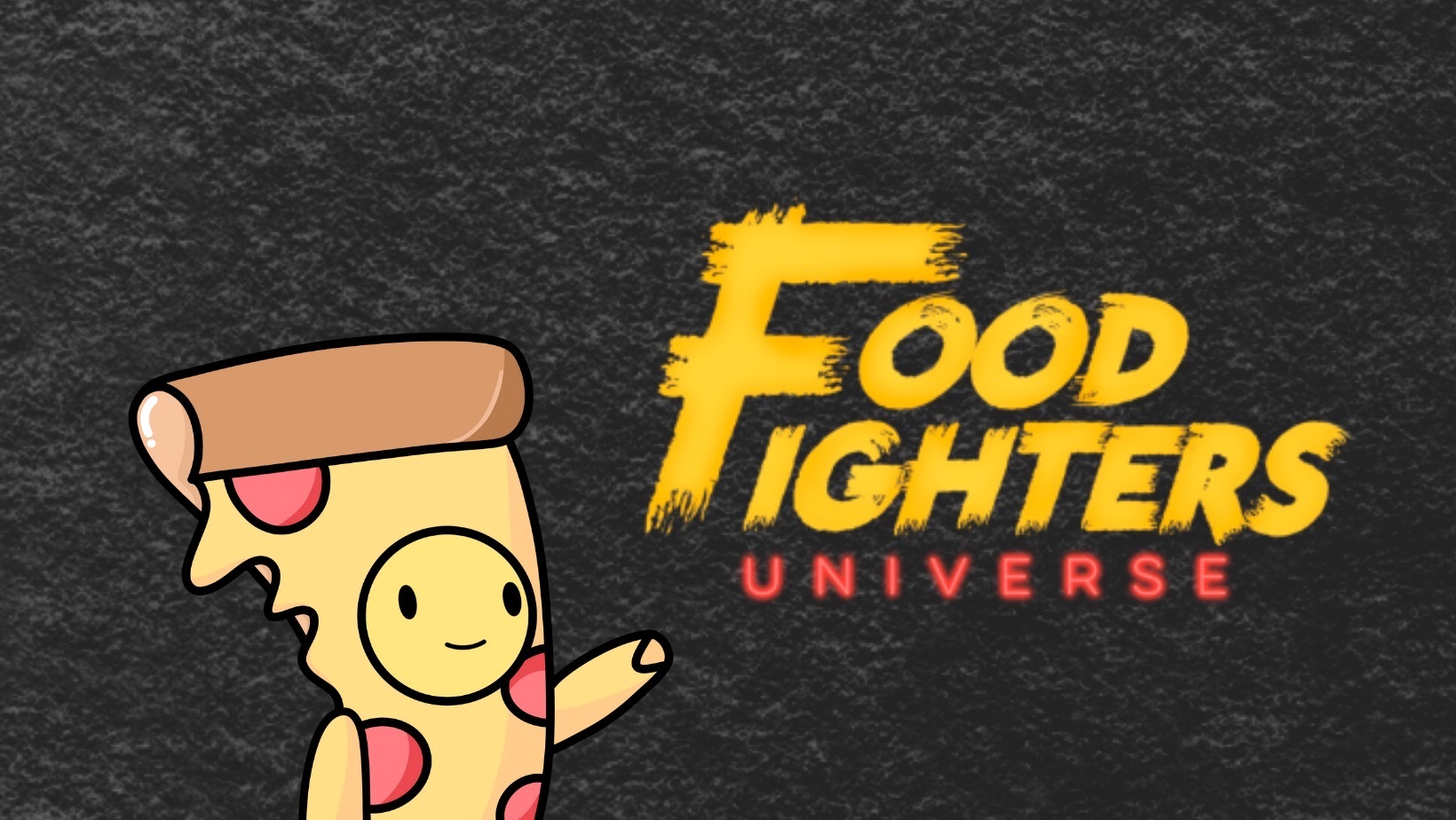 Cartoony logo of Food Fighters Universe with a pizza cartoon.